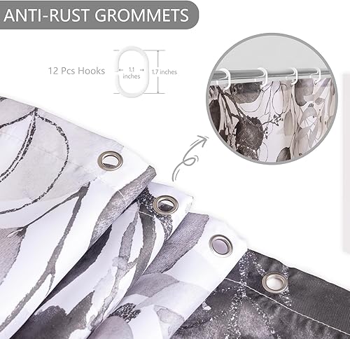 Miniatura 8 de Cortina de ducha de eucalipto blanco y negro para baño con 12 ganchos, cortinas de ducha mejoradas impermeables con hojas de plantas, cortina de