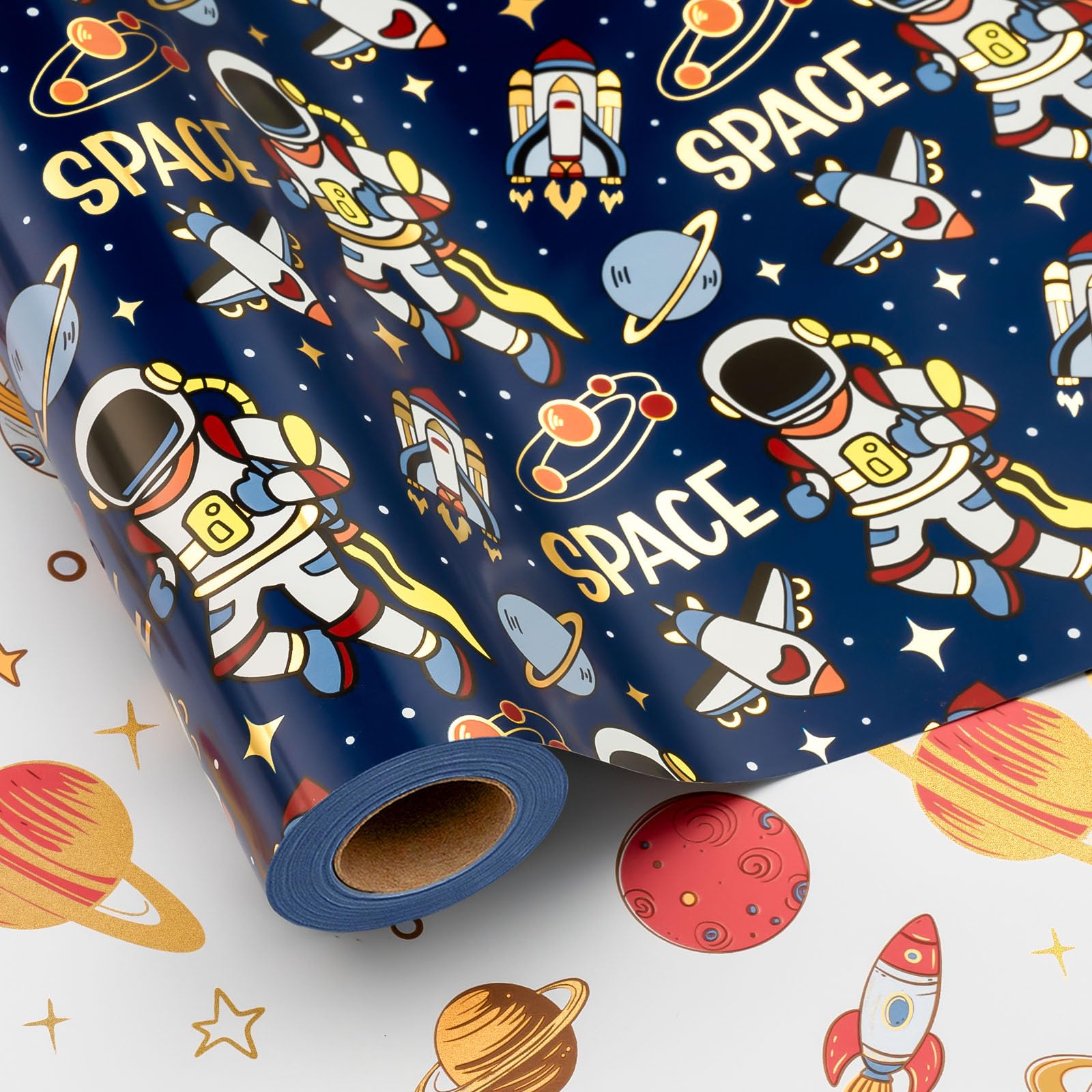 Wikadlik Astronaut Wrapping Paper Roll, 43cm x 10m Space Themed Deep Blue Gift Wrap Paper for Baby Boy Birthday