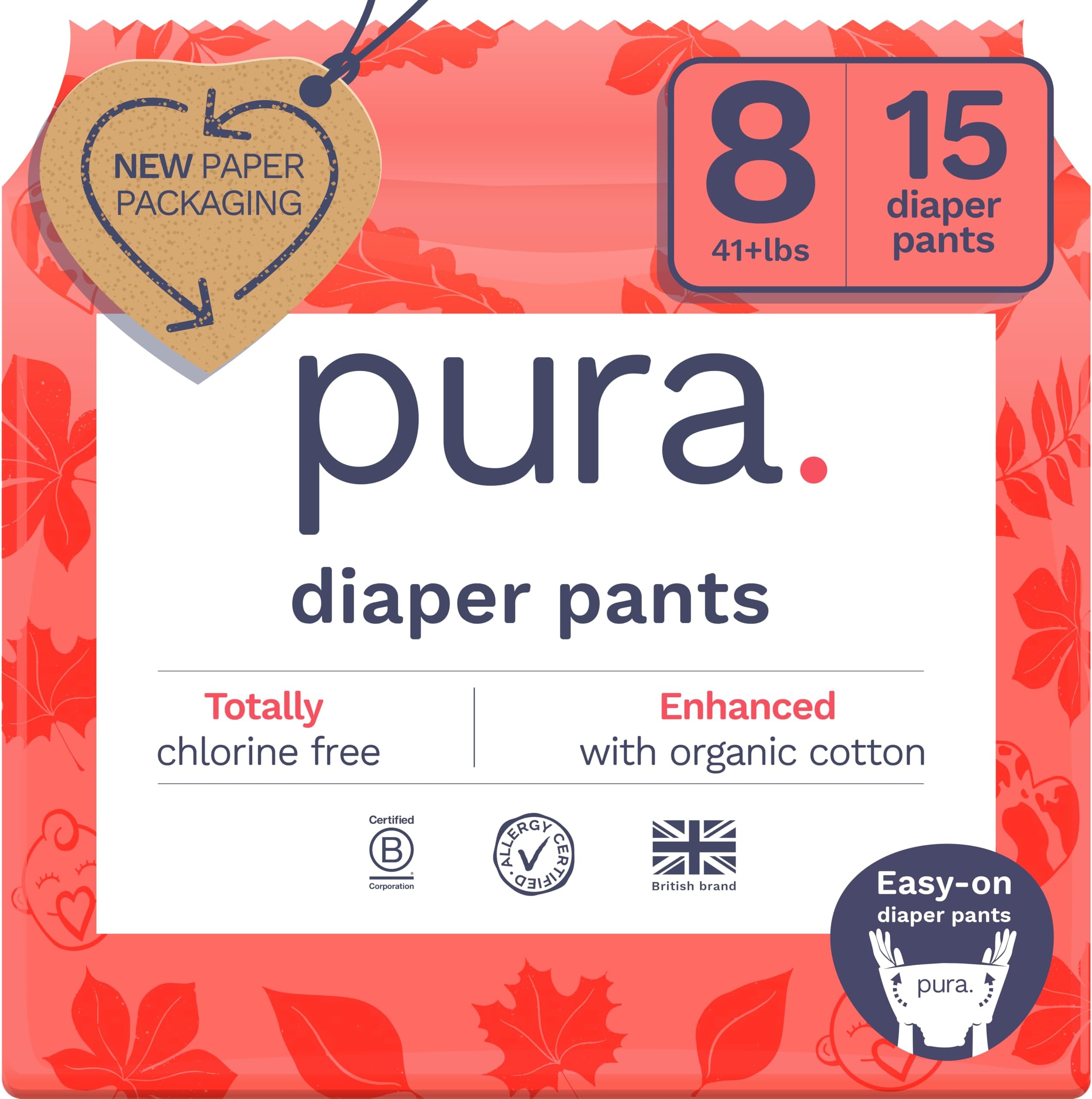 Pura 1 Pack of 15 Hypoallergenic Nappy Pants, Size 8, Overnight, Up to 12 Hours Leak Protection, Suitable for Sensitive Skin, Completely Chlorine Free, Soft Organic Cotton