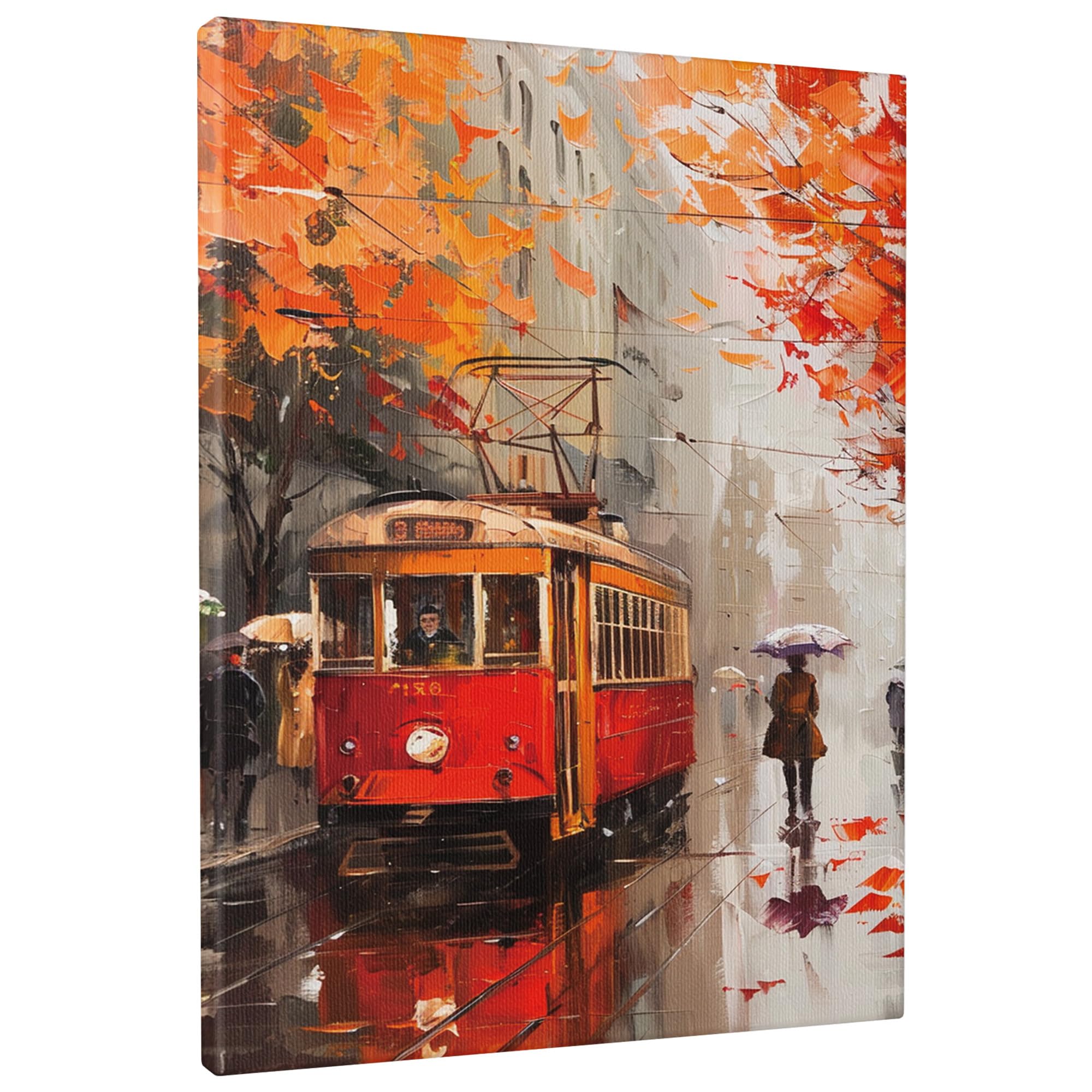Autumn Red Vintage Tram Canvas Wall Art, Brown Orange Rainy Day Street Scene, Modern Romantic Wall Art Home Decor For Living Room, Bedroom, Office, Unframed 16x20 Inch