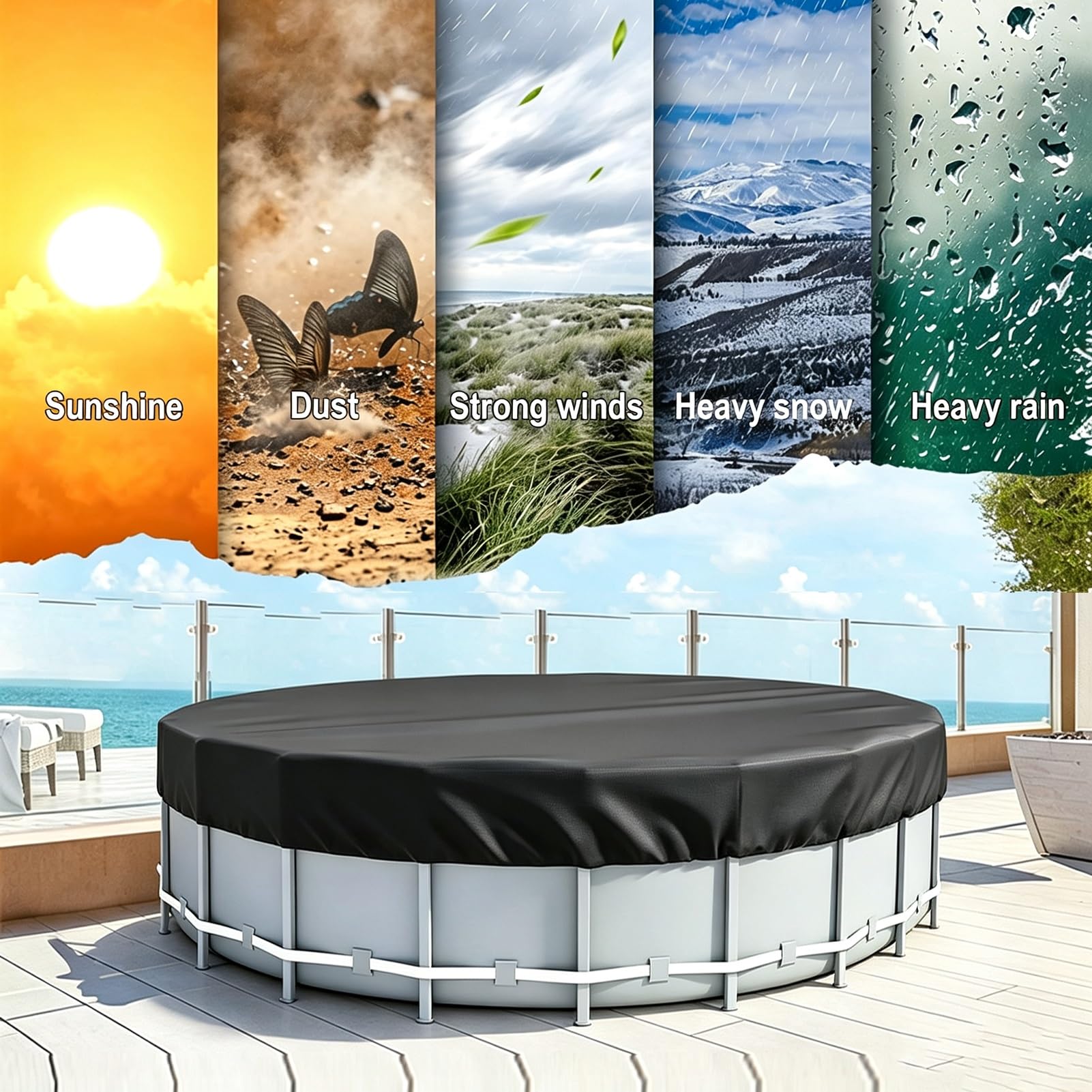 Telo di copertura per Piscina rotondo,Copertura per Piscinas Invernale con Bordi Rinforzati,Ø 366 cm,Protezione UV,Impermeabile,Antivento e Antistrappo per piscina all'aperto(12FT(366 * 20cm))