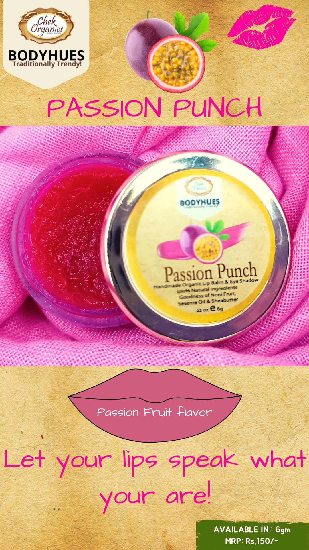 CHEKORGANICS BODYHUES Passion fruit Lip Balm - 6gm-picture-42