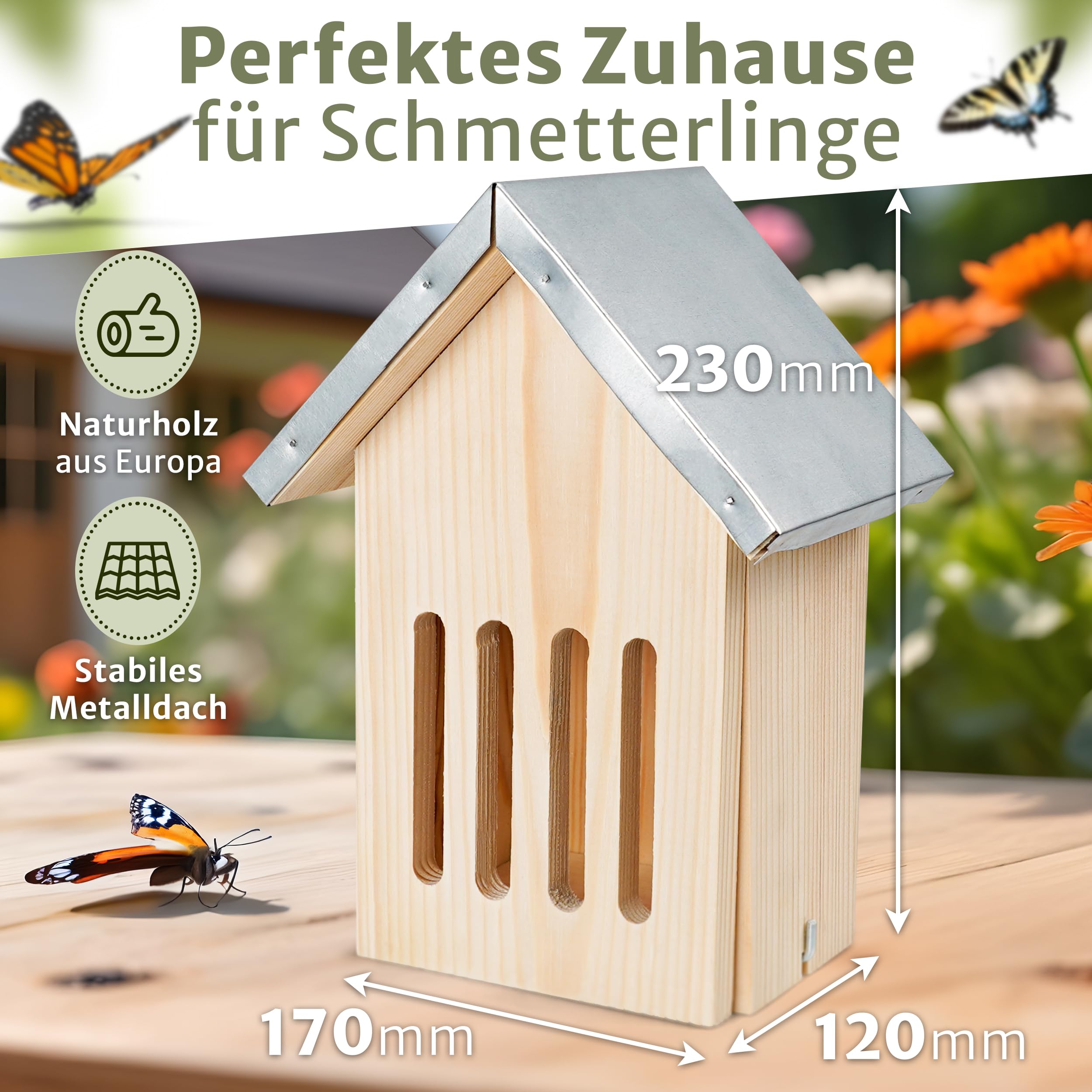Oramics Schmetterlingshaus aus Kiefernholz mit wetterfestem Metall Dach [Made in Europe] Schmetterlingshotel für Garten und Balkon – Schmetterling Kasten Insektenhotel zum Züchten oder zur Aufzucht