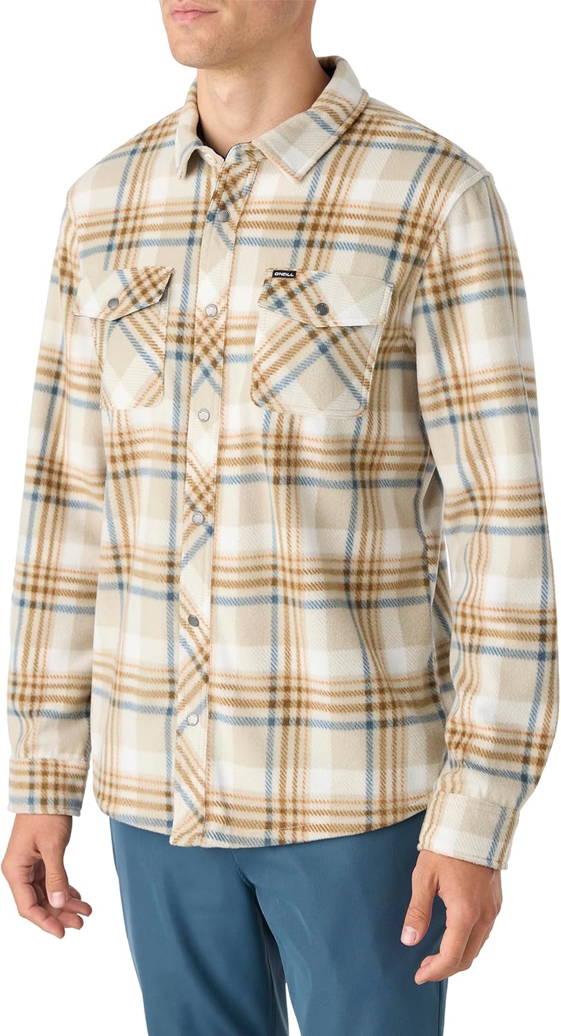 O'NEILL Men's Glacier Superfleece Flannel - Long Sleeve Flannel Shirt for Men - Casual Button-Up Shirt,Light Khaki 3,L