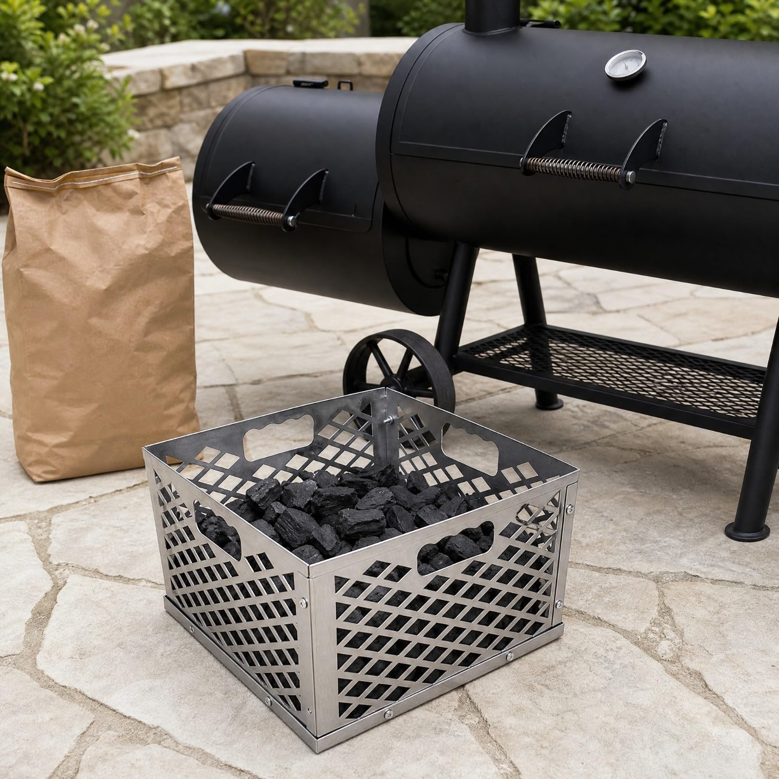 Portacarbonella in Acciaio Inossidabile per Barbecue Offset con Pannelli Ventilati E Maniglie Laterali per Assemblaggio Facile Adatto per Uso Quotidiano