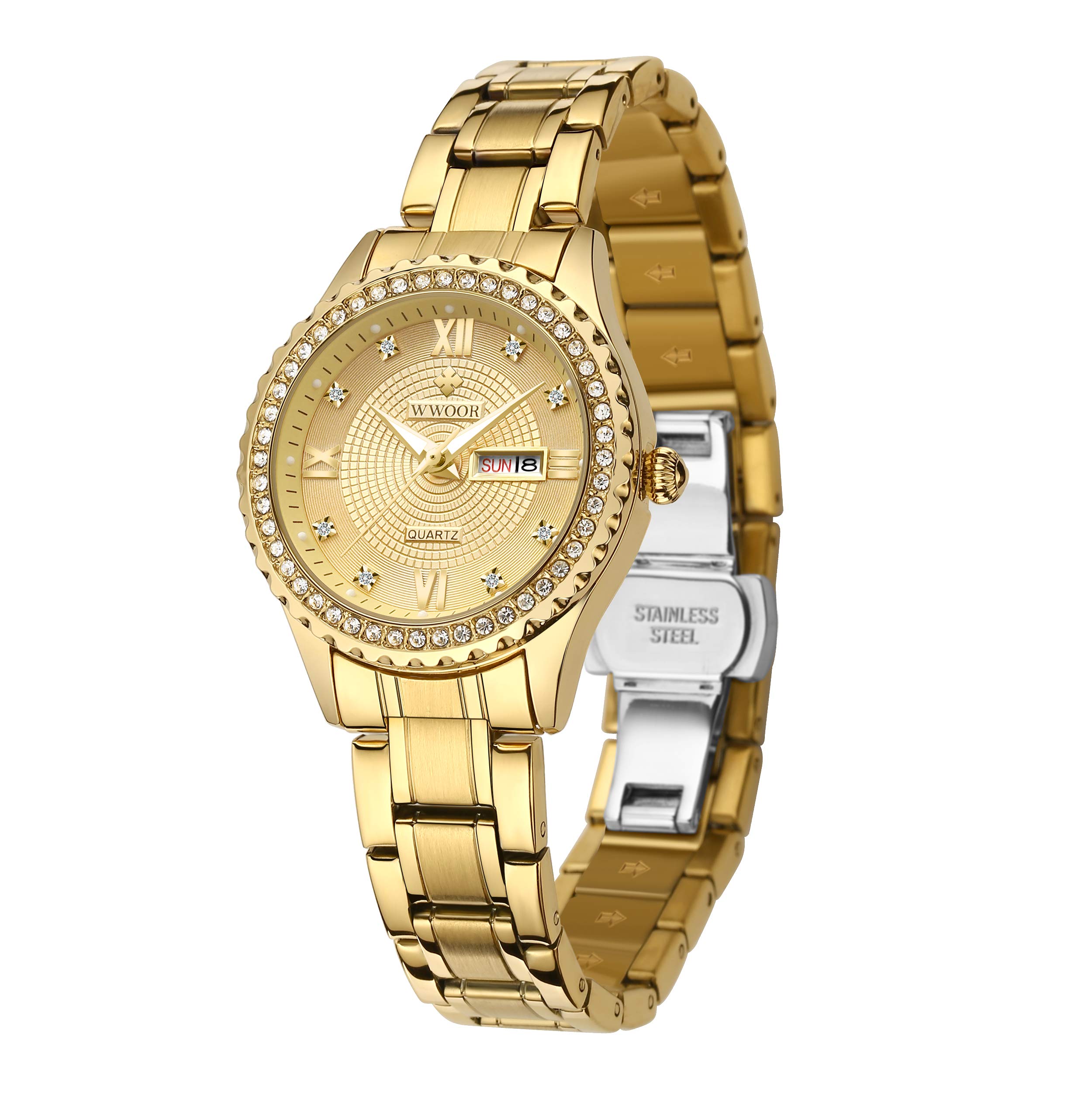 WWOOR Orologio da polso da uomo e donna, alla moda, di lusso, originale, analogico, al quarzo, impermeabile, con data, in acciaio inox, casual, regalo (oro, nero, argento)