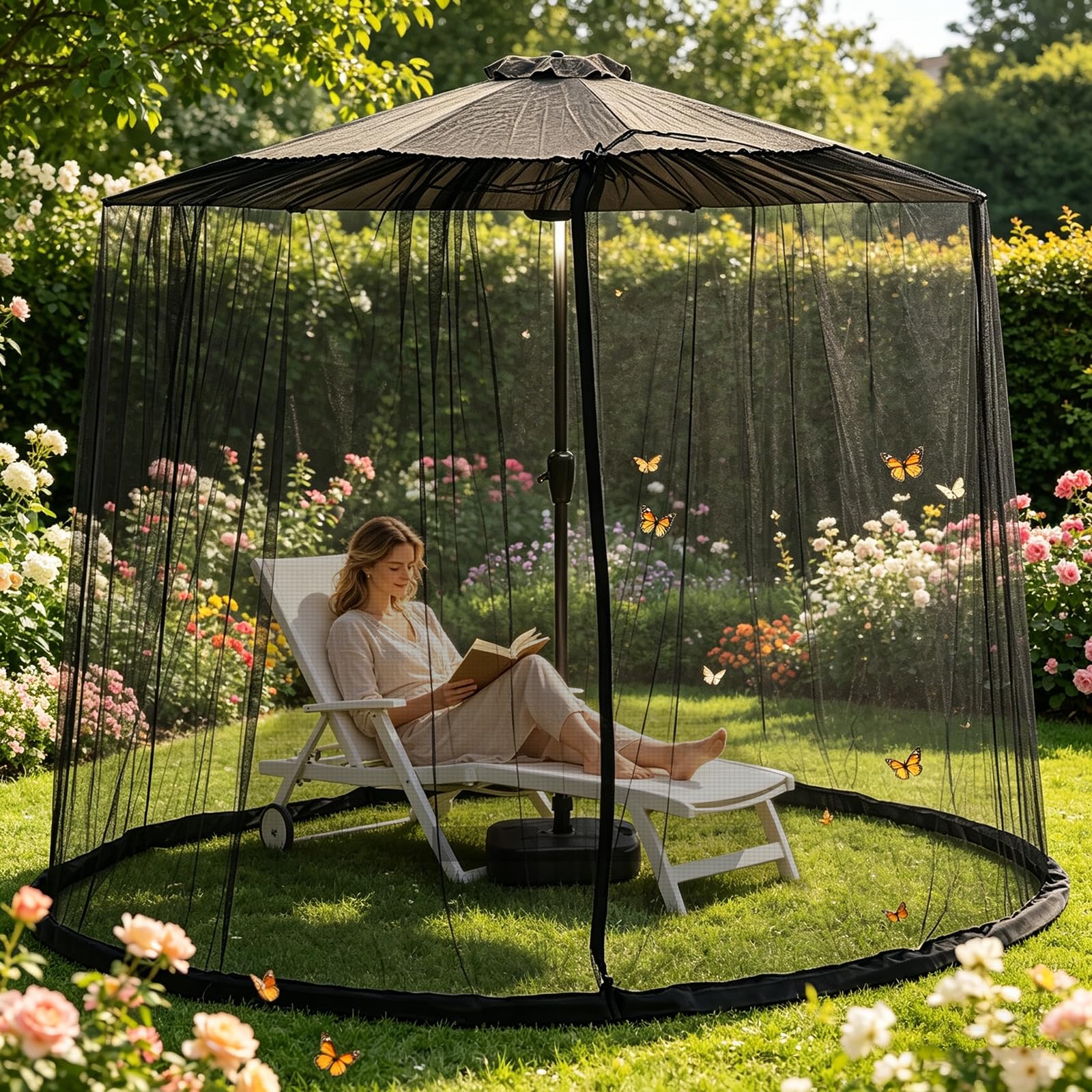 Rundes Moskitonetz für Sonnenschirm 300-400cm – Insektenschutznetz mit Wasserbefüllbarem Boden, Doppel-Reißverschluss & Zugband – Feines Maschennetz für Terrasse & Garten,Schwarz,1260