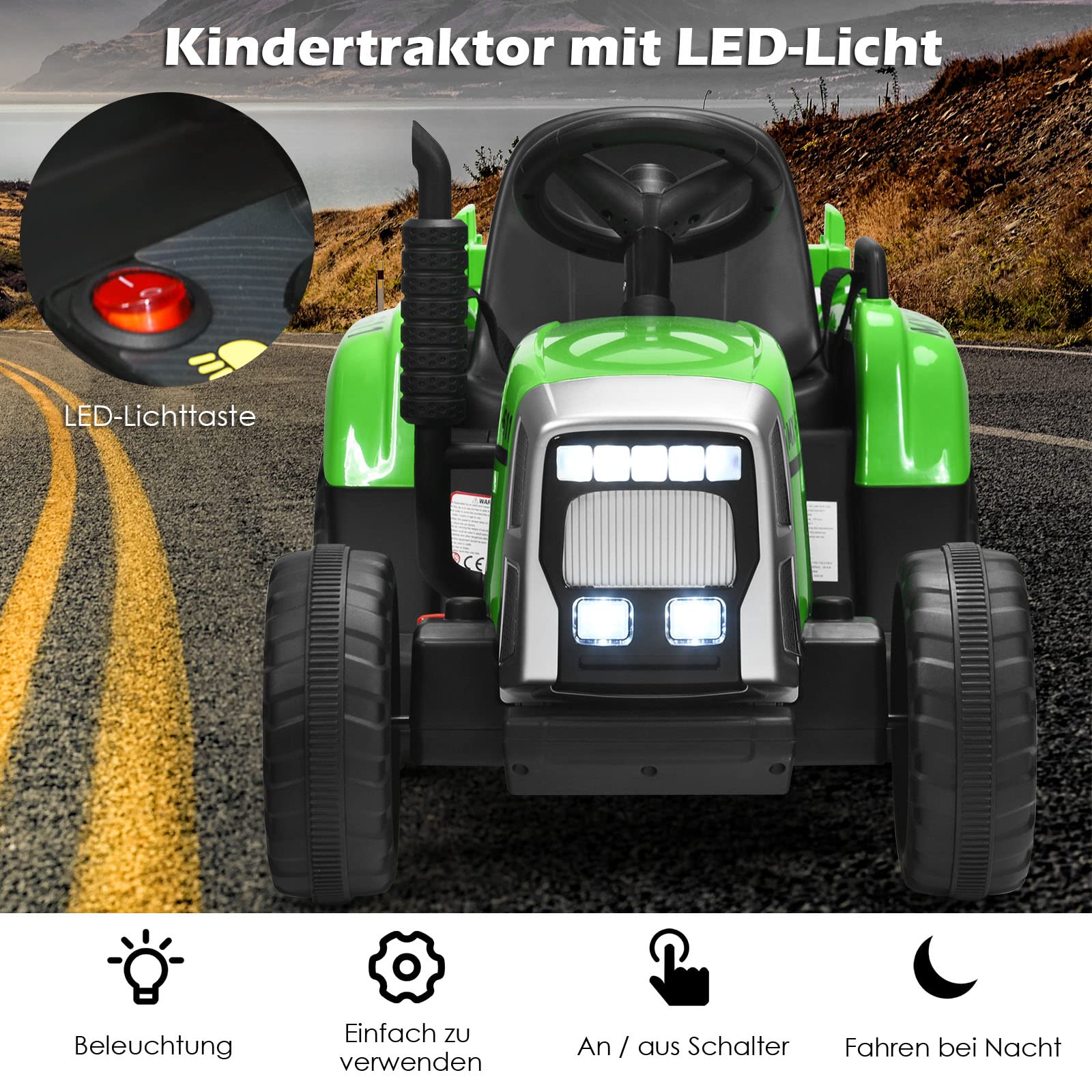 DREAMADE Traktor mit Abnehmbarem Anhänger, Elektrotraktor mit LED-Licht & Musik & Fernbedienung, Kindertraktor mit max. Tragfähigkeit von 30 kg, Aufsitztraktor für Kinder ab 3 Jahren (Grün)