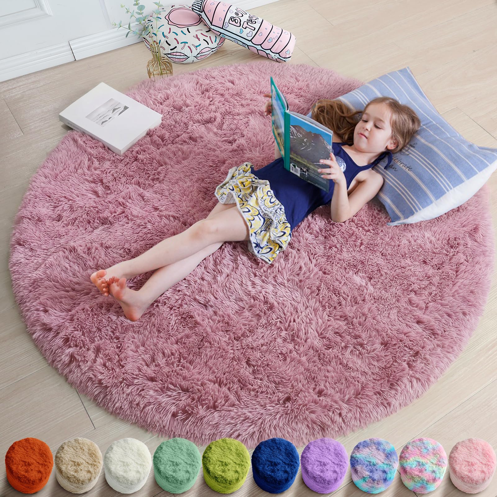 Amdrebio Mauve Pink Round Plush Rug 5Ft for Girls Bedroom Nursery Playroom — image 1