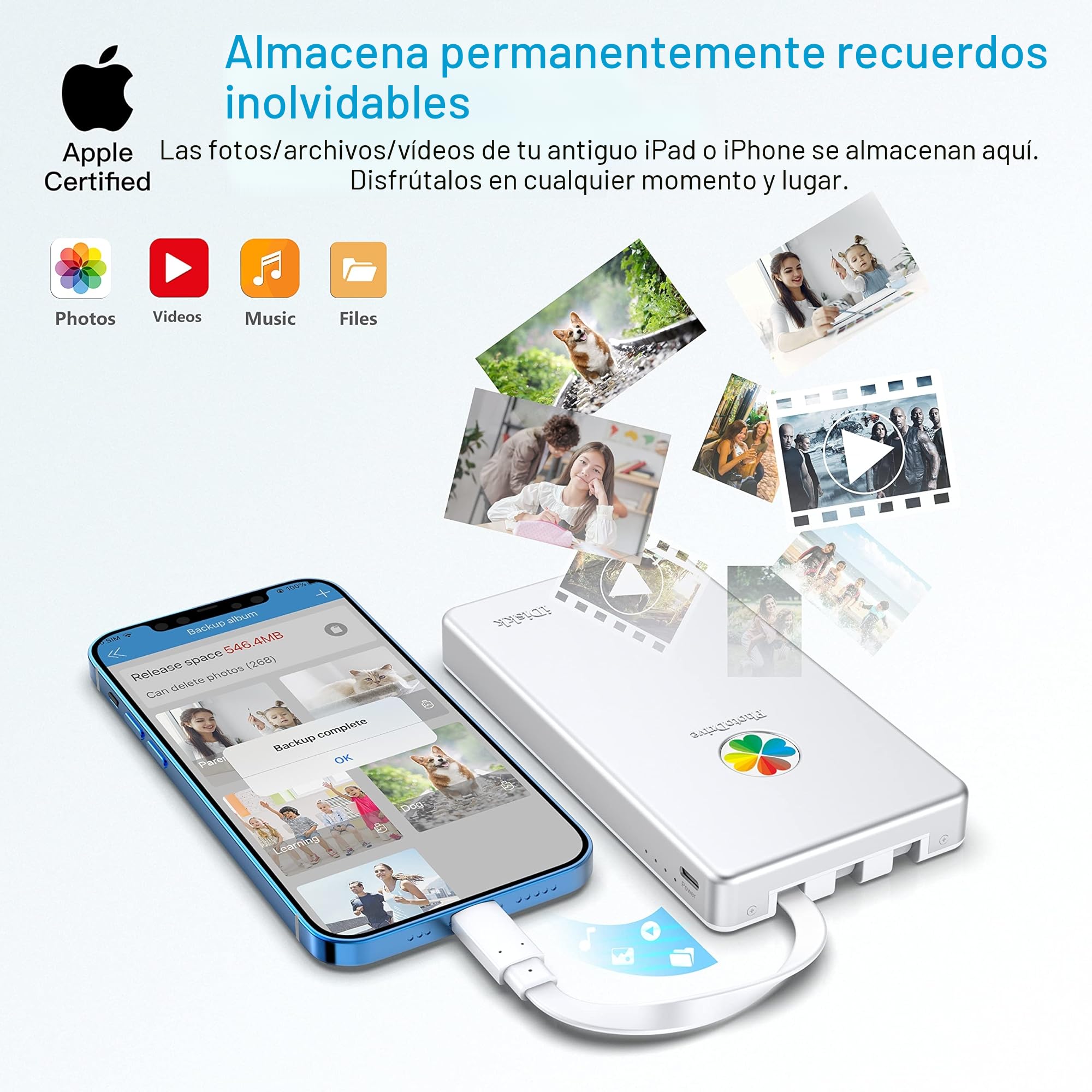 iDiskk Disco Duro Externo 2TB para iPhone, Certificado MFi, Cable Integrado 3 en 1 (Lightning/USB-C/USB 3.0), Memoria Externa Portátil Compatible con iPhone/iPad/Mac/PC/Dispositivos Android