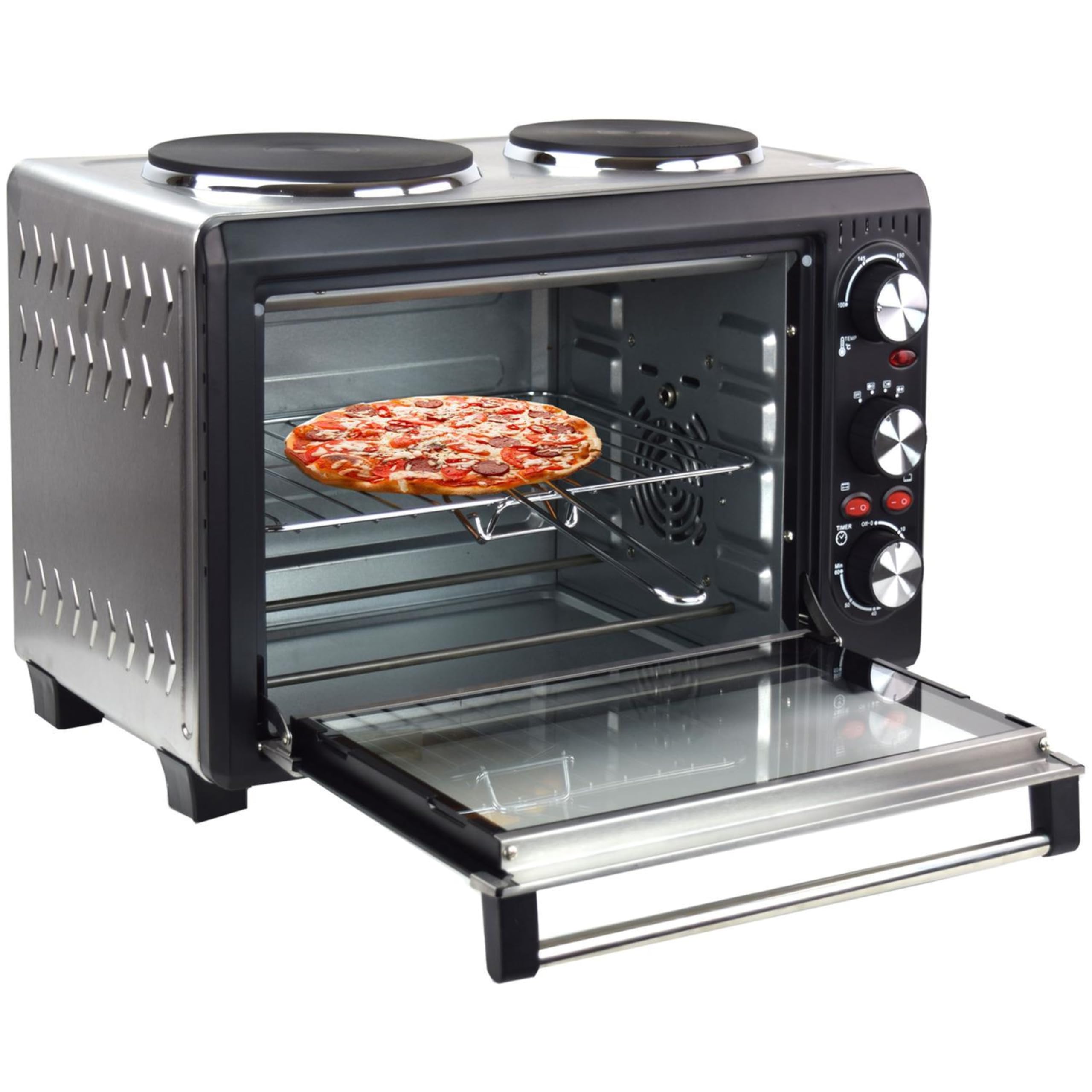Syntrox Germany 26 l Minibackofen 2 Kochplatten Etass | Kleinküche | Miniofen | Pizzaofen, für kleine Küchen, mit Timer, inklusive Zubehör, Platzsparend, Miniherd