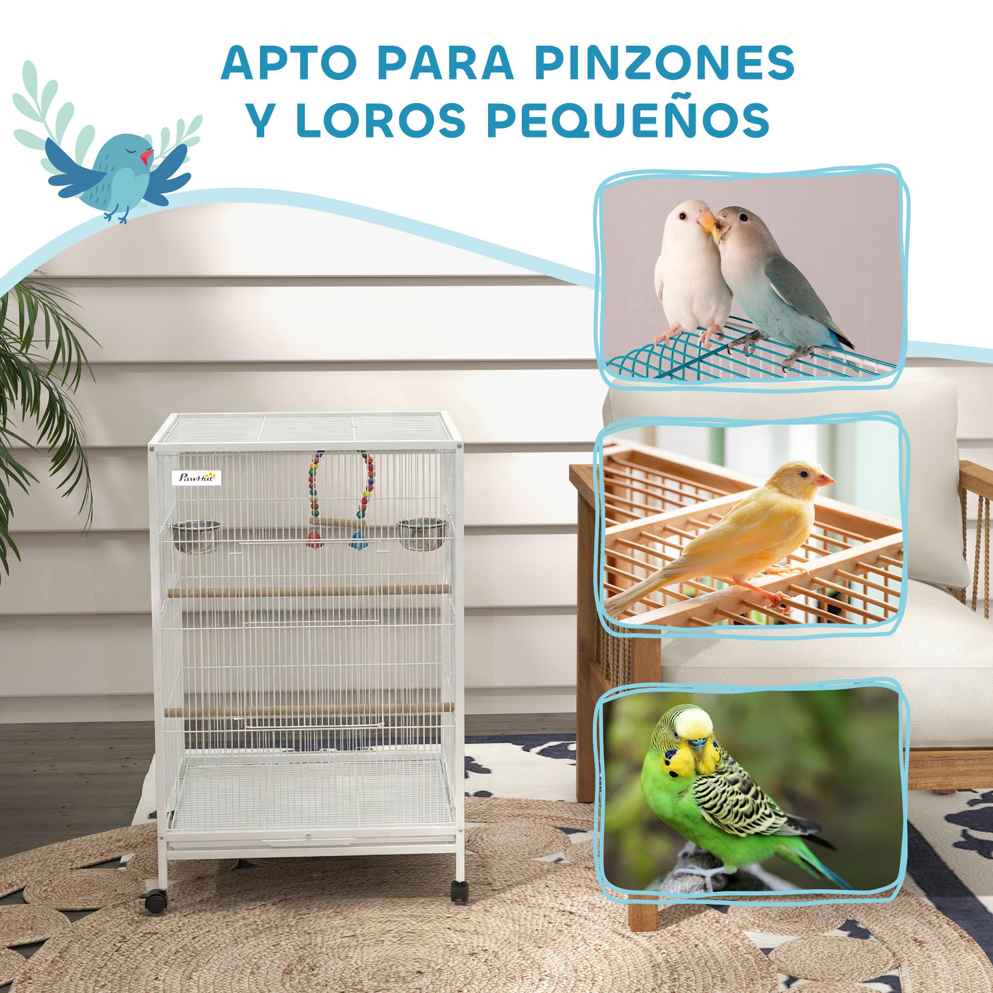 PawHut Jaula para Pájaros con Ruedas, Pajarera de Acero con Perchas, Columpio Bandeja Extraíble y Cuencos de Acero Inoxidable, Jaula Grande para Loros, Canario, Periquito, 48x46x78 cm, Blanco