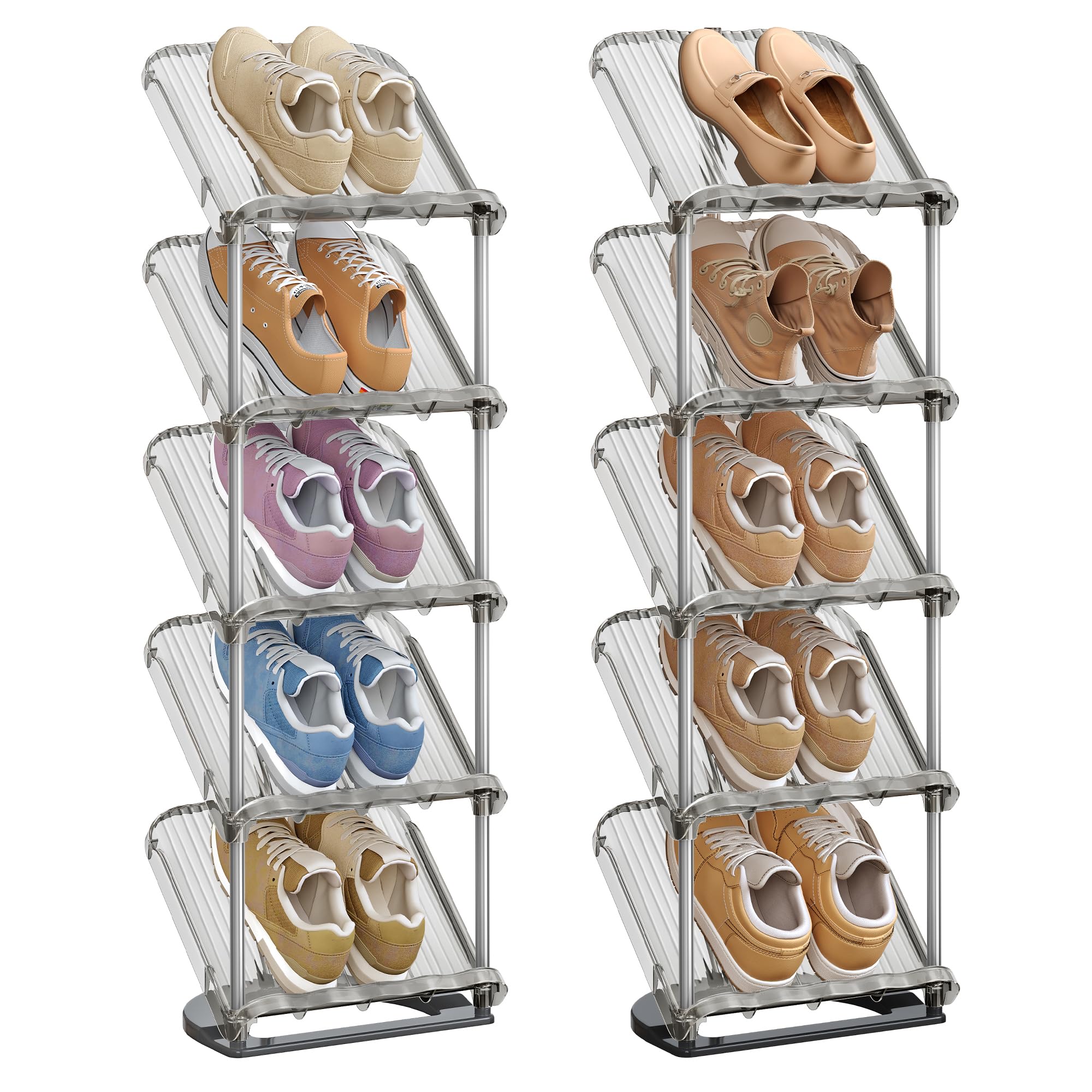 SONGMICS Schuhregal, 5 Ebenen, 2er Set, schräge Schuhablage, Schuhaufbewahrung, Kunststoff, 24,5 x 28,4 x 102,5 cm, flexibel kombinierbar, Eingangsbereich, Flur, Ankleidezimmer, grau LPC050GZ01