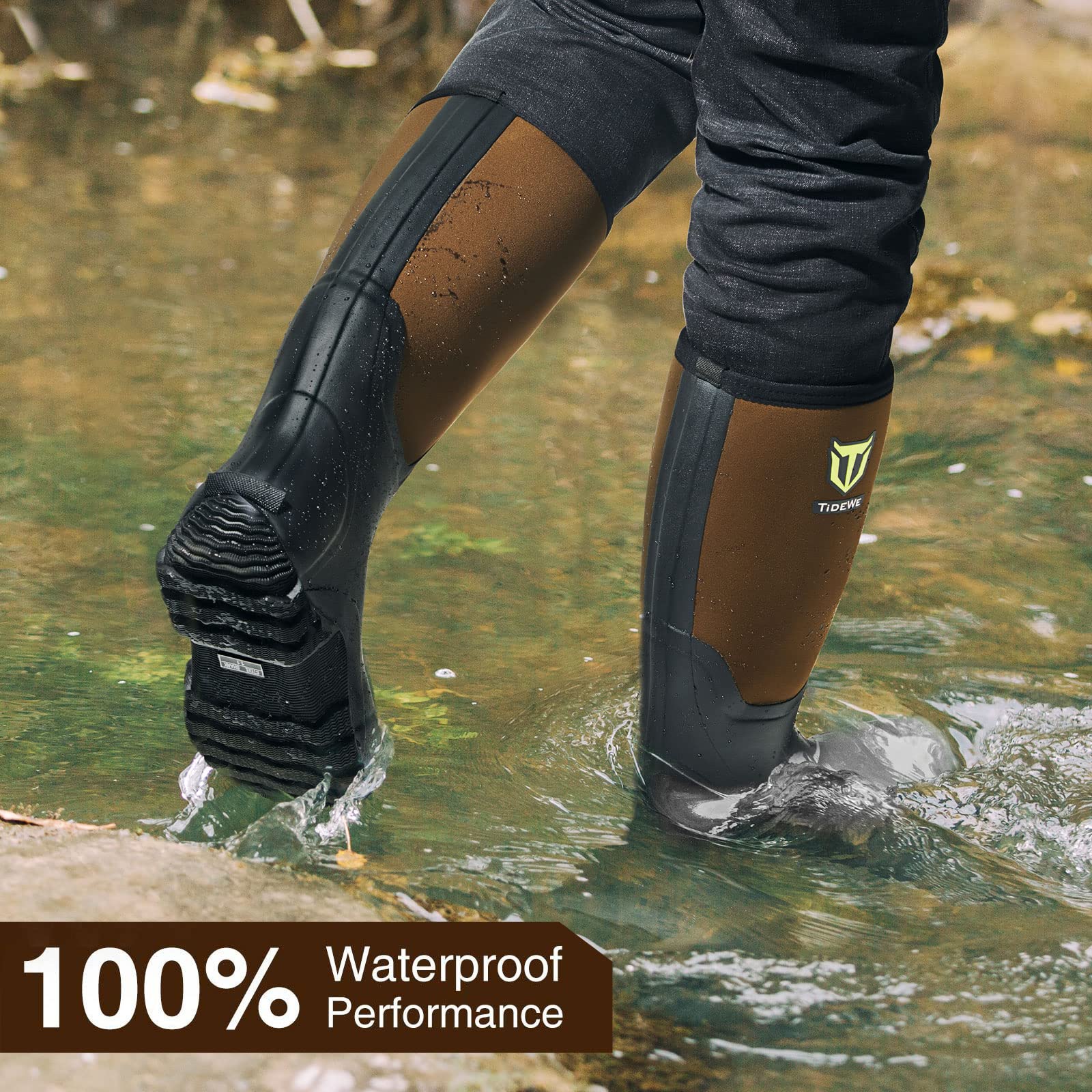 TIDEWE Rubber Boots for Men Multi-Season, Waterproof Rain Boots with Steel Shank, 6mm Neoprene Durable Rubber Outdoor Hunting Boots Size 8 (Brown)