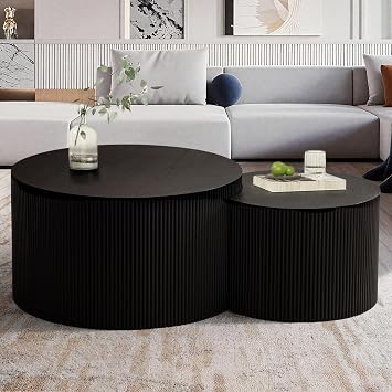 Round Wood Nesting Coffee Table Set of 2, Modern Circle Drum Coffee Tables End Side Table Sets for Living Room, Modern Wooden Accent End Tables for Apartment,Black Crescent