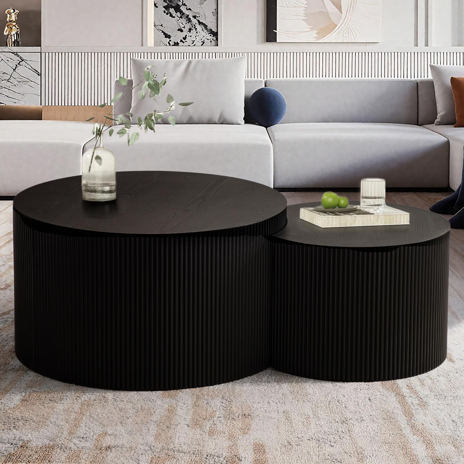 Round Wood Nesting Coffee Table Set of 2, Modern Circle Drum Coffee Tables End Side Table Sets for Living Room, Modern Wooden Accent End Tables for