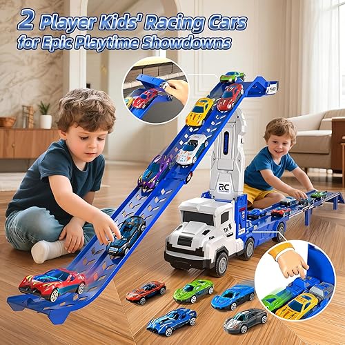 Miniatura 5 de Camión de transporte de juguetes para niños de 3, 4, 5, 6, 7 años de edad, juego de carreras, camiones transportadores con 12 coches fundidos a
