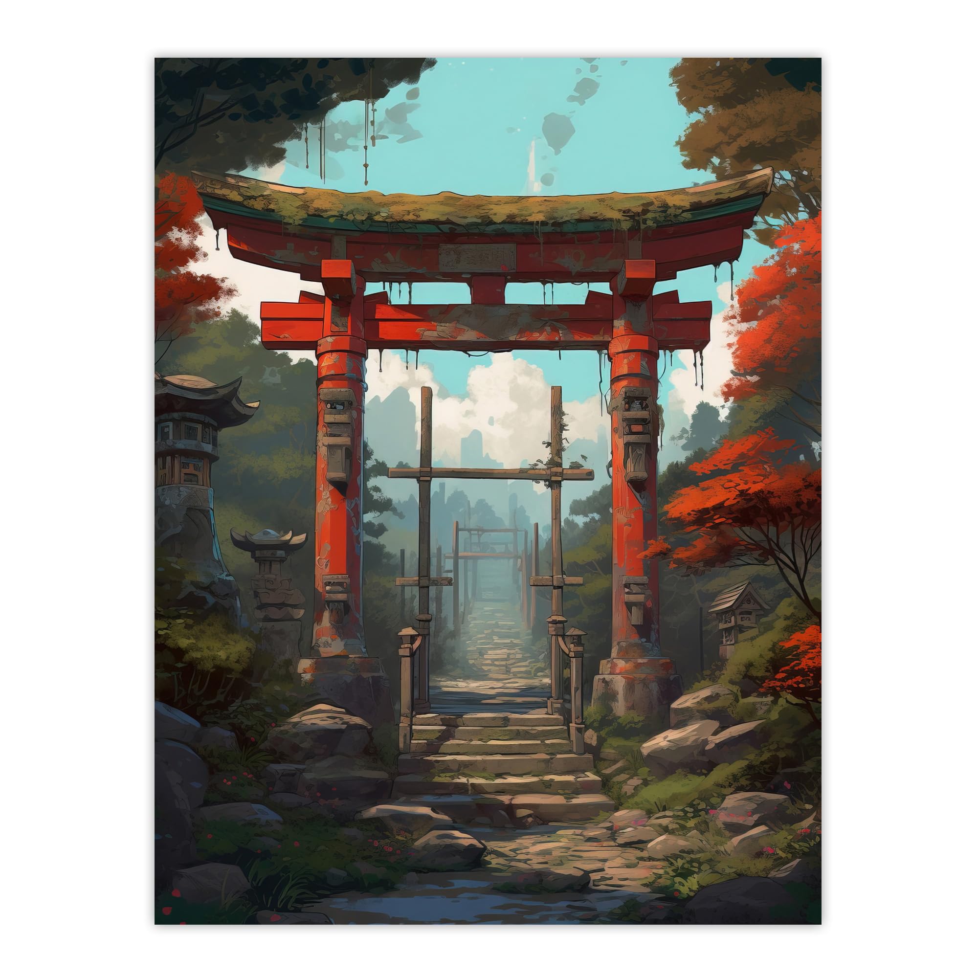 Artery8 Red Torii Gate Leading to Shinto Shrine in Forest Painting Steps to Sacred Grounds Temple in Tranquil Landscape Extra Large XL Wall Art Poster Print