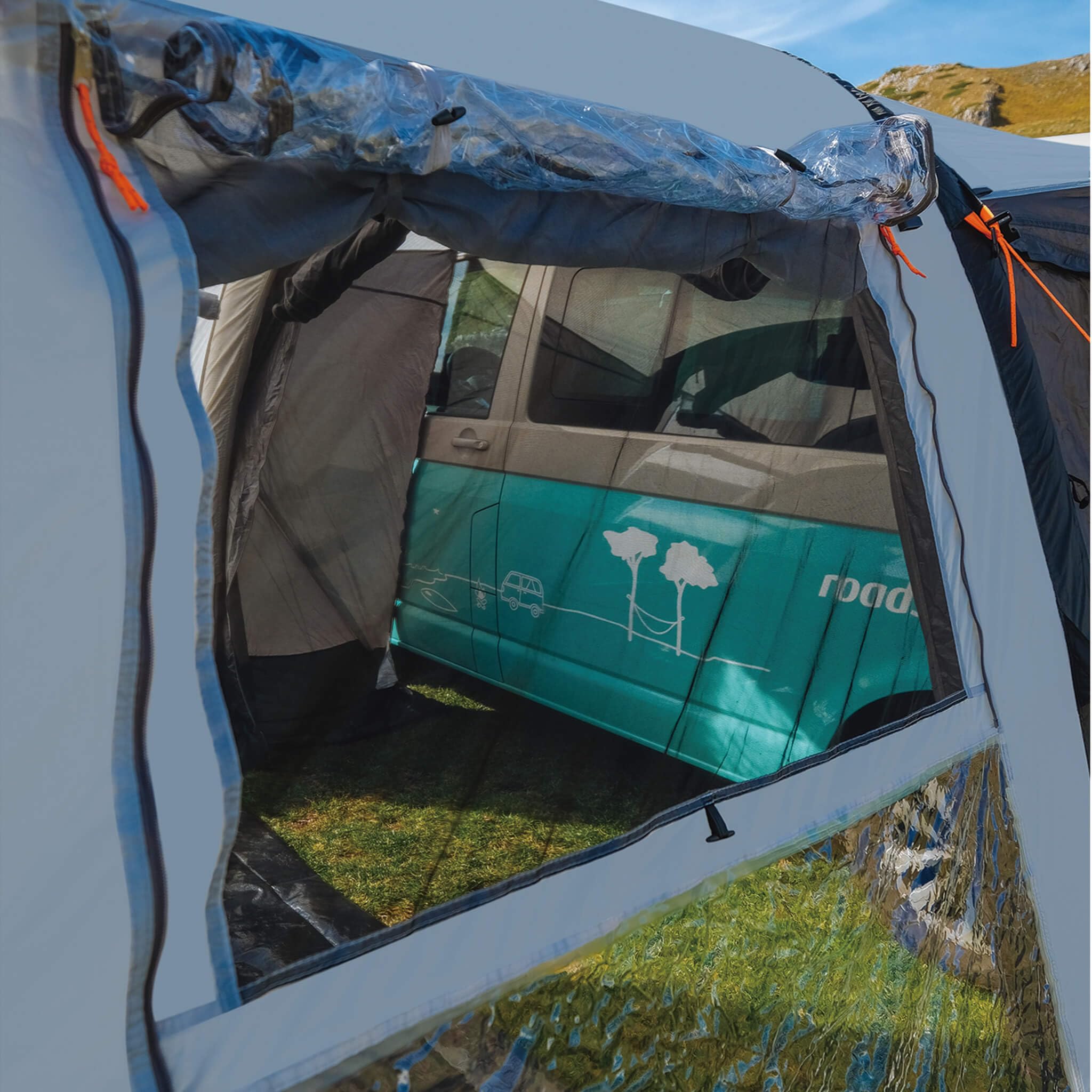 Sunnyville Auvent gonflable camping-car, polyester imperméable, gonflage multipoints, grand espace de vie, panneau avant amovible