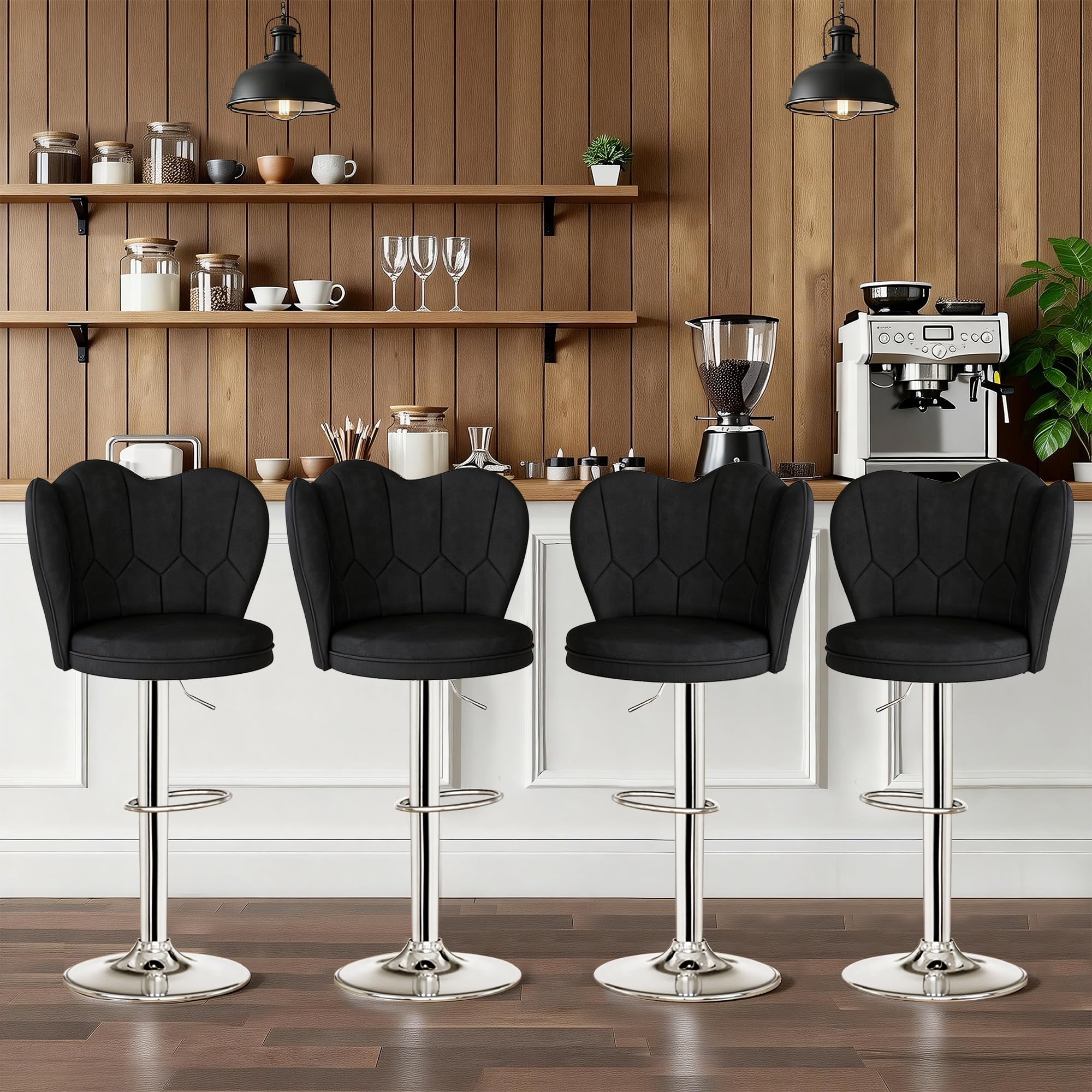 Photo 1 of **2 PCS**VECELO Bar Stools Set of 4, Adjustable Barstools with Back, Velvet Armless Counter Height Stool Kitchen Island Stool Swivel Bar Chairs for Pub Dining Room Living Room, Black