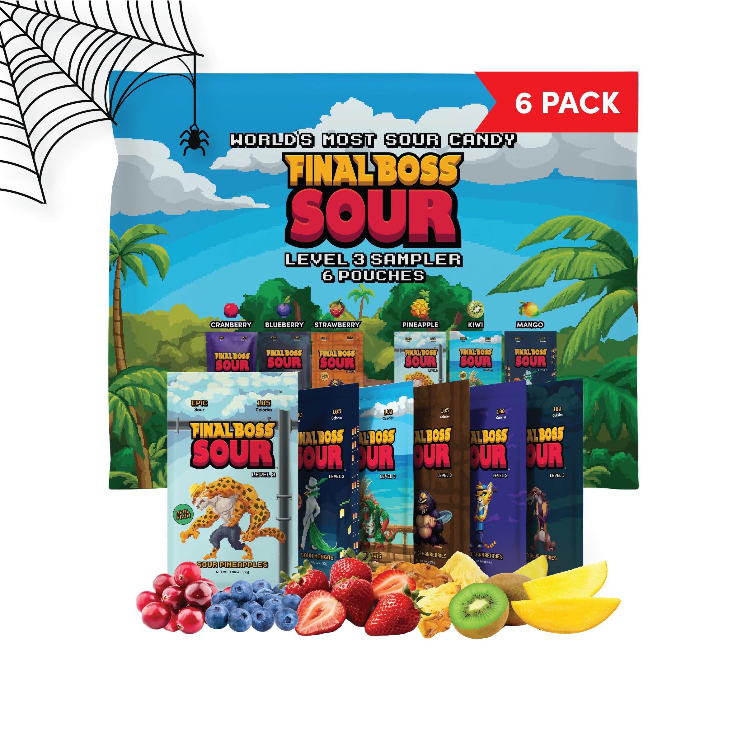 Final Boss Halloween Sour Candy, Variety Pack, 6 Packs, Level 3, Extreme Sour Fruit Chews with Real Dried Fruit, No Artificial Colors or Flavors, Low Calorie Snack for Kids, Teens & Adults