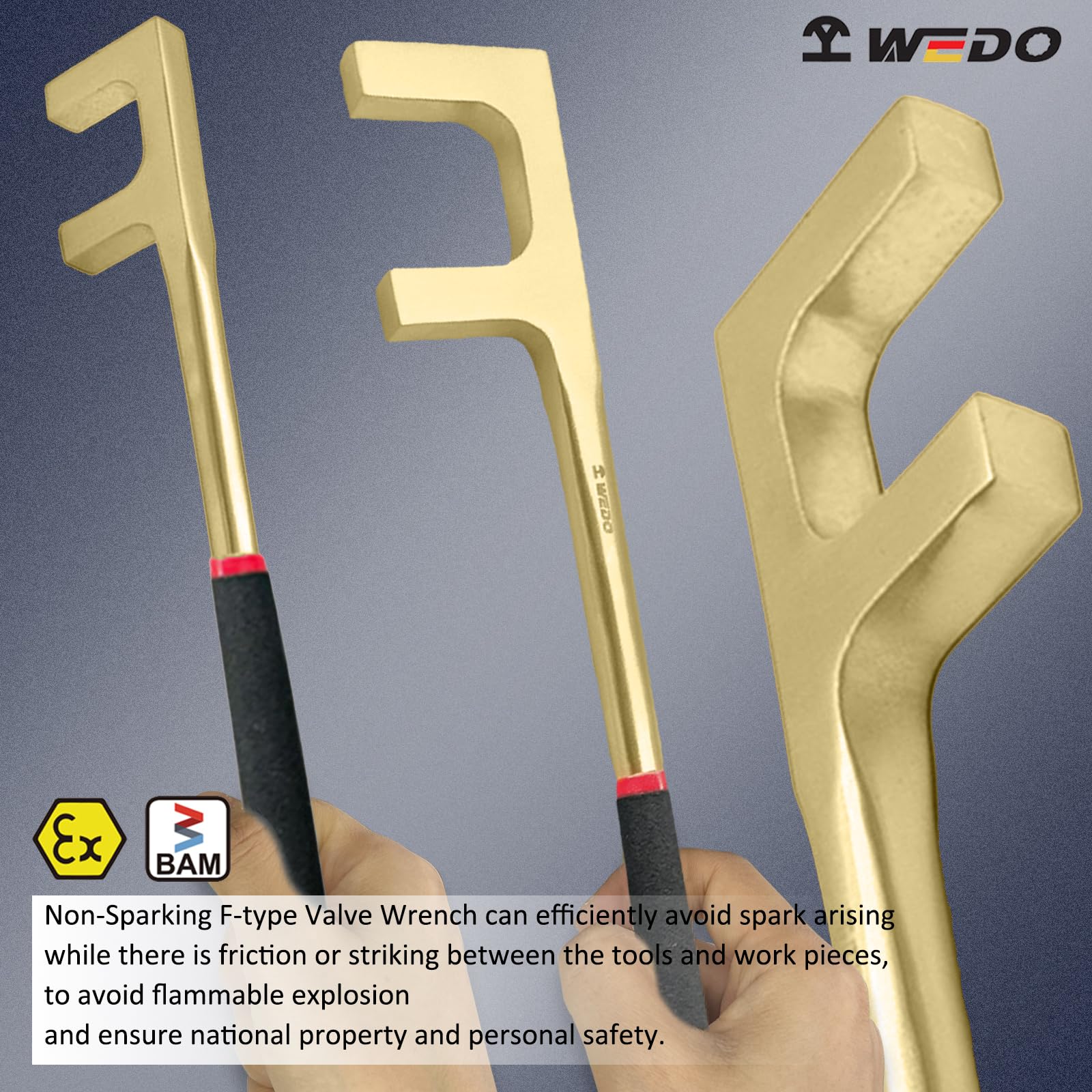 WEDO Llave de mango de válvula sin chispas tipo F con mango de plástico, llave de seguridad sin chispas, bronce de aluminio, estándar DIN, certificado BAM y FM, 1.18 pulgadas, 30 mm de ancho
