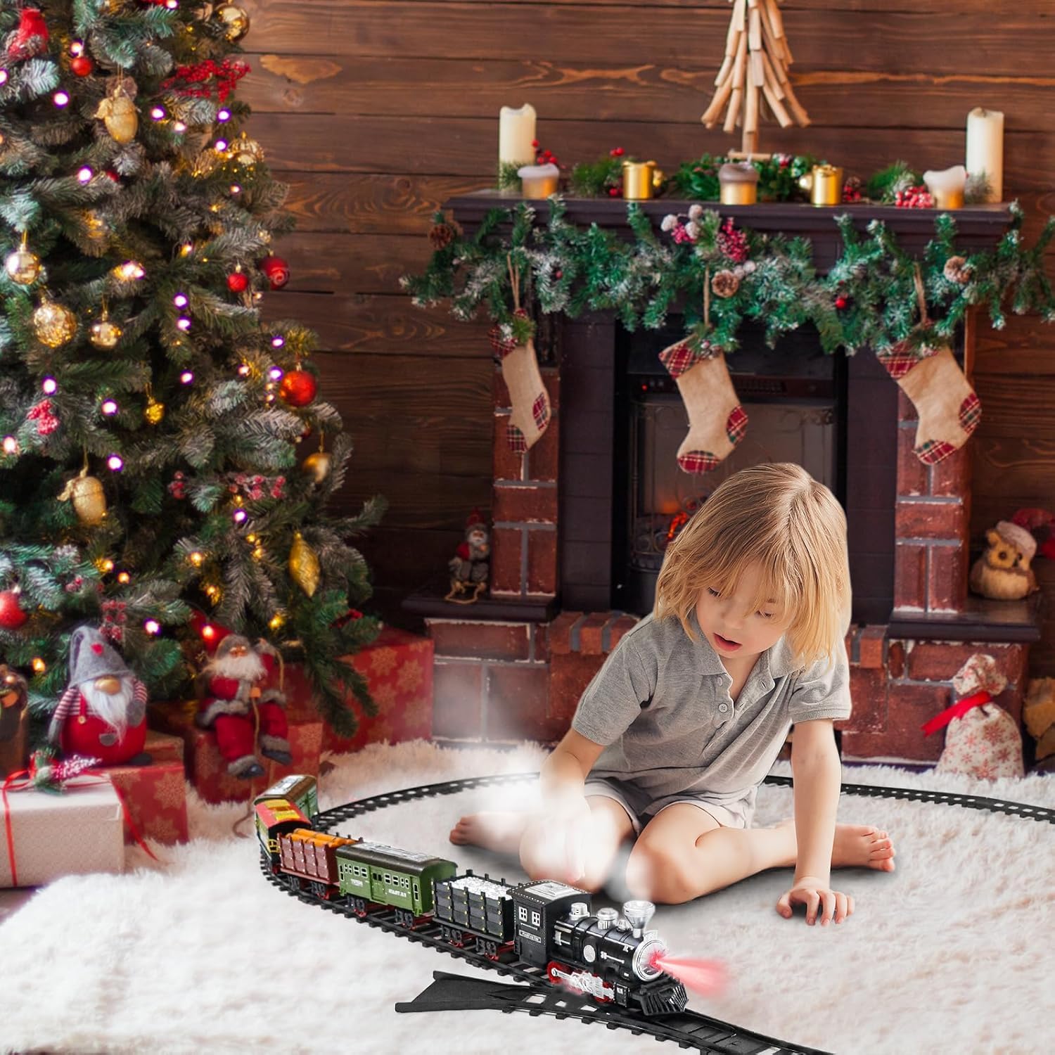 deAO Tren Juguete Electrico con Vapor, Decoración Luces y Sonidos para Niño