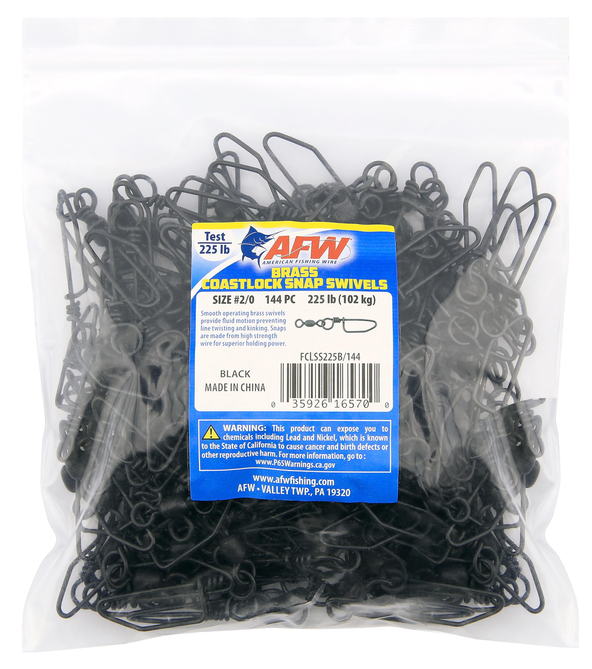 AFW Brass Coastlock Snap Swivels, Size #2/0, 225 lb Test, Black, 144 pc