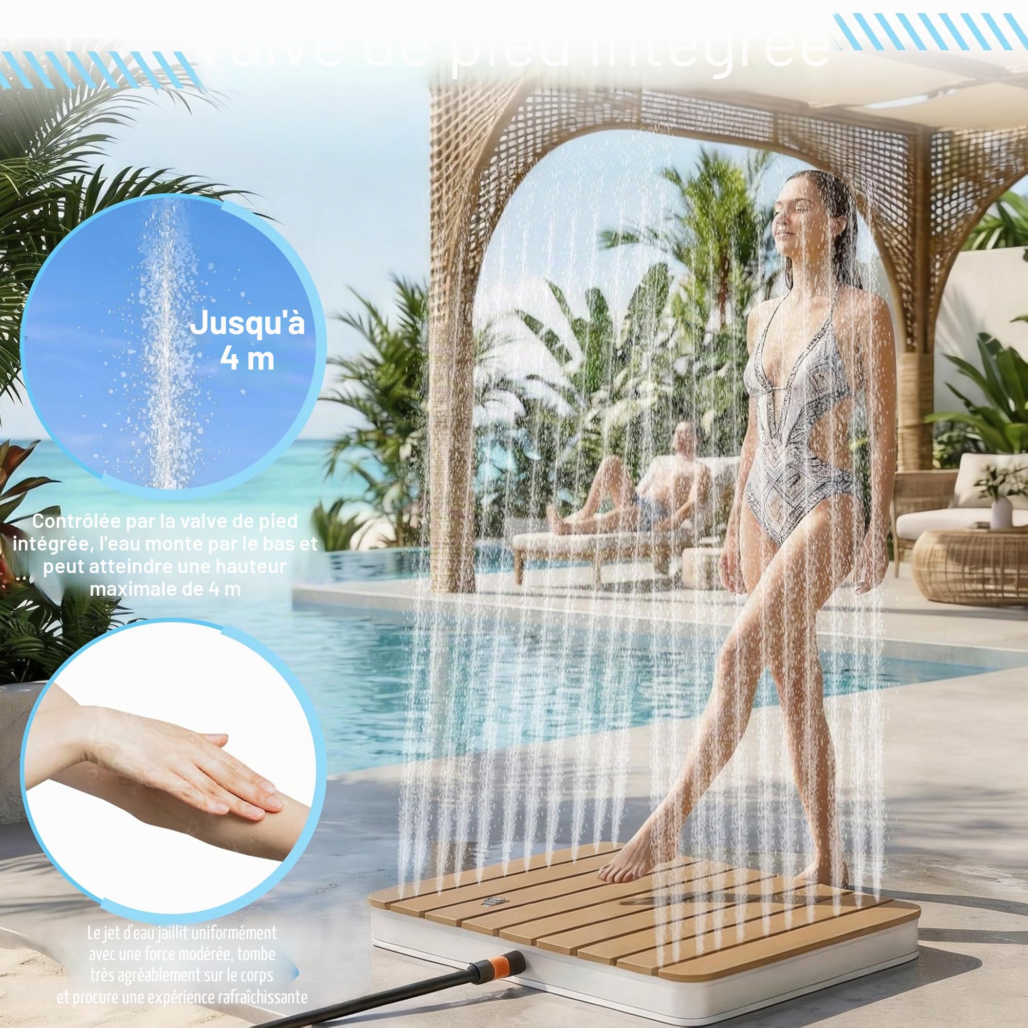 UISEBRT Douche de jardin en WPC et aluminium - Douche au sol mobile Douche solaire Douche de camping - Hauteur de jet réglable jusqu'à 4m - pour piscine Jardin Terrasse (Rectangulaire - Brun)