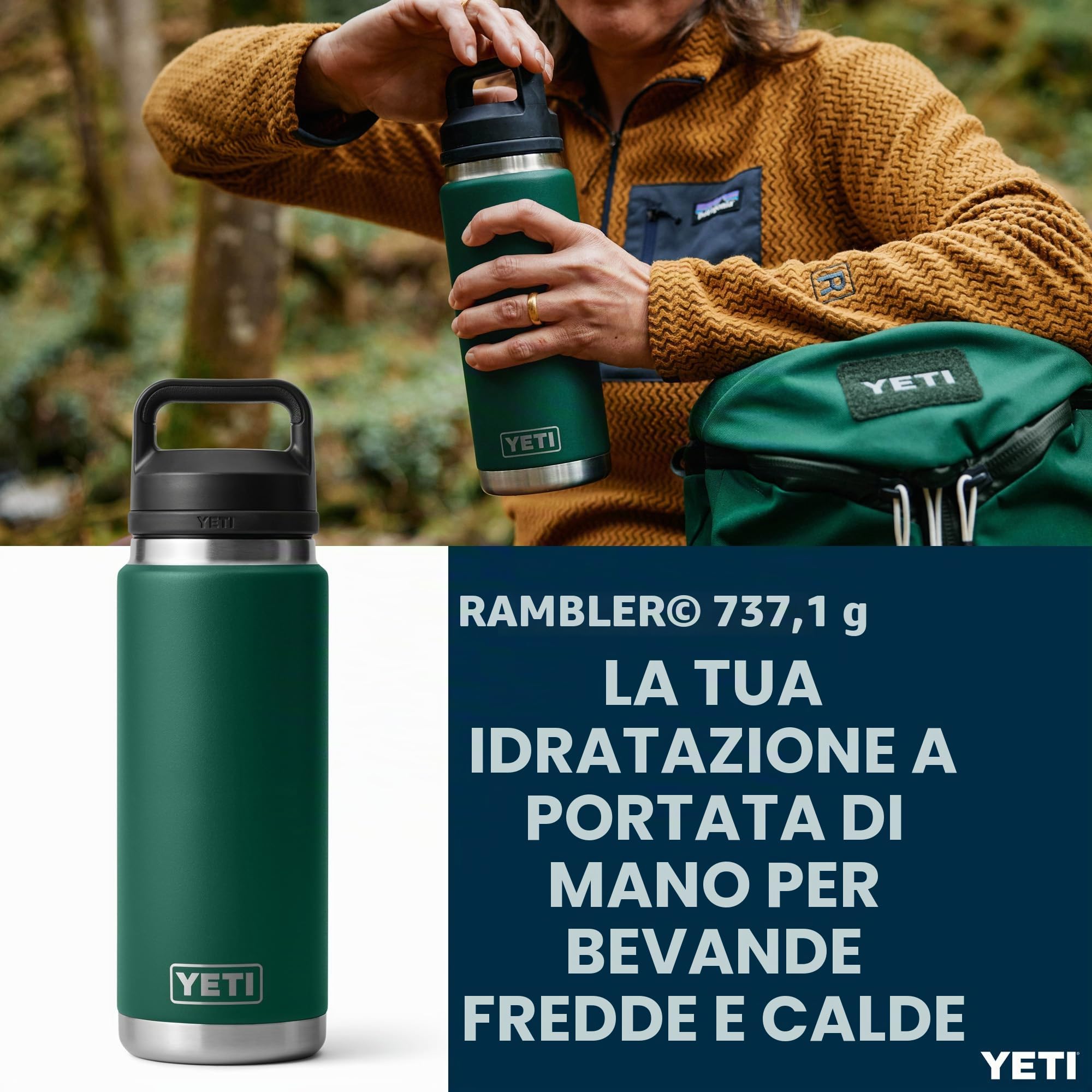 YETI Rambler Bottle Chug, Vacuum Insulated Stainless Steel Bottle with Chug Cap, Black Forest Green, 26 oz (760 ml)