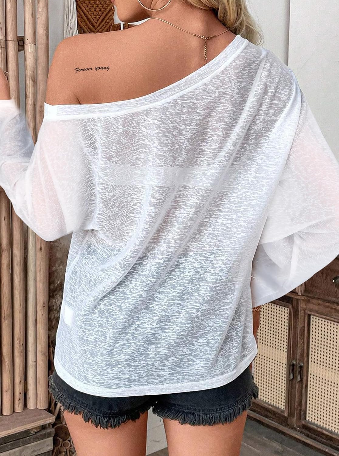 Hilinker Womens Sheer Mesh See Through T Shirt Sexy Long Sleeve Off Shoulder Tops - Image 3