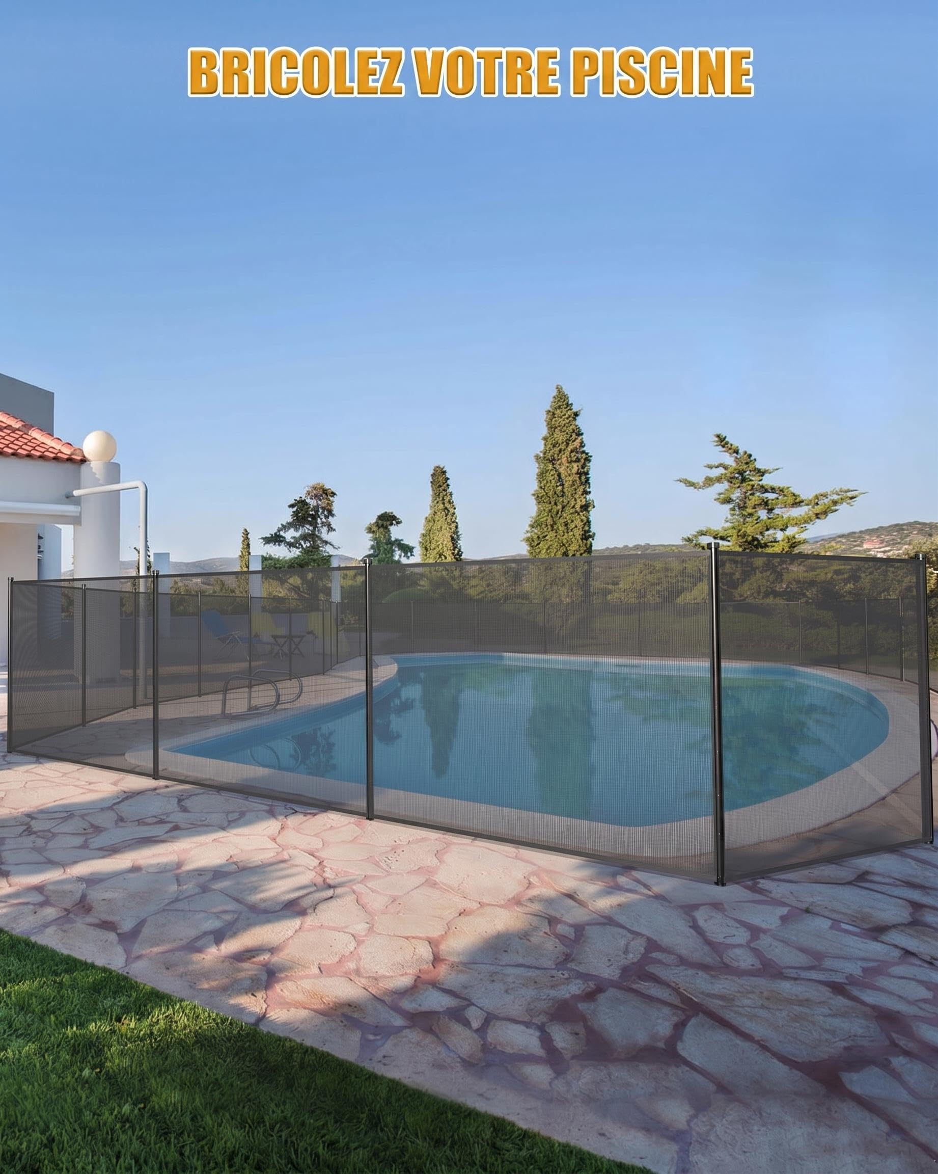 Garvee Barrière de sécurité piscine extérieure – Maille PVC résistante – Installation sans perçage – Protège enfants & animaux – Amovible – Pour piscines enterrées/hors-sol – Pieds antidérapants