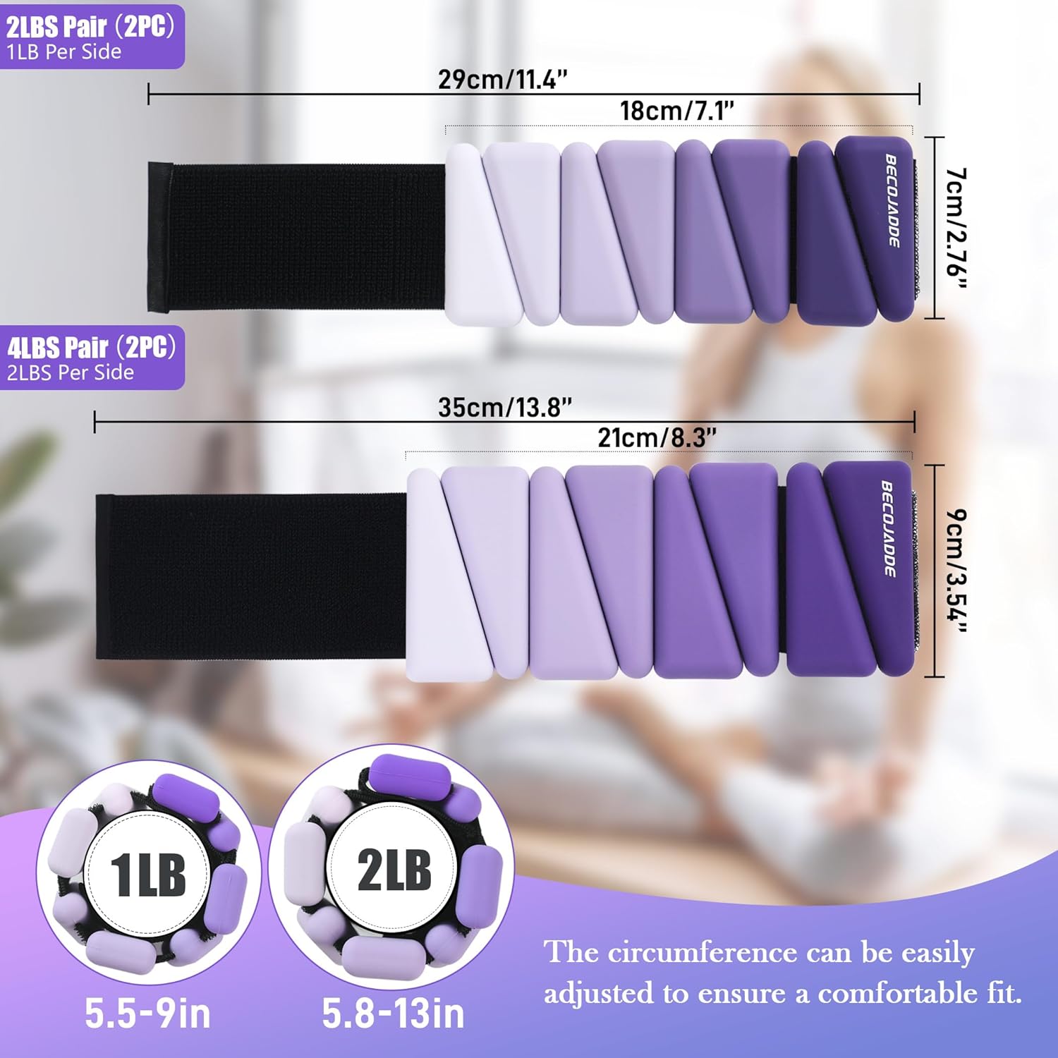 Ankle Weights for Women Wrist Weights Set of 2 (1 lb/2 lb Each) Adjustable Arm Leg Weight for Womens Men Suitable for Walking Swimming Running Pilates Yoga Gym - Image 6