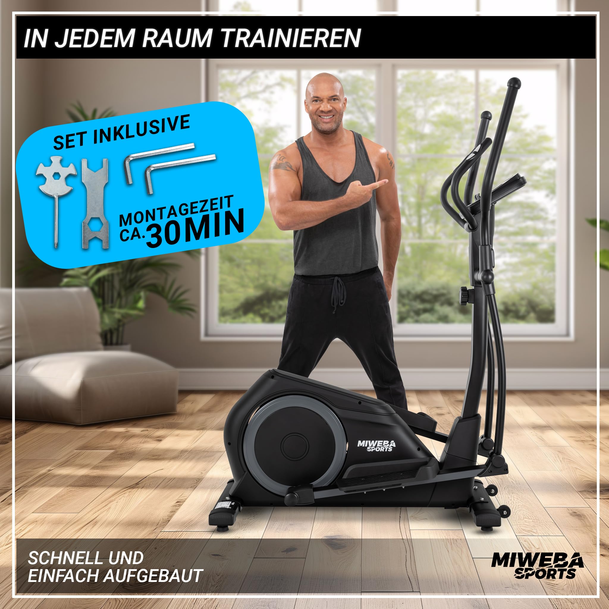 Miweba Sports Crosstrainer MC500 Stepper 7 kg Schwungmasse 120 kg Ergometer Heimtrainer leise Ellipsentrainer LCD Monitor Cardio Fitnessgerät Schwarz