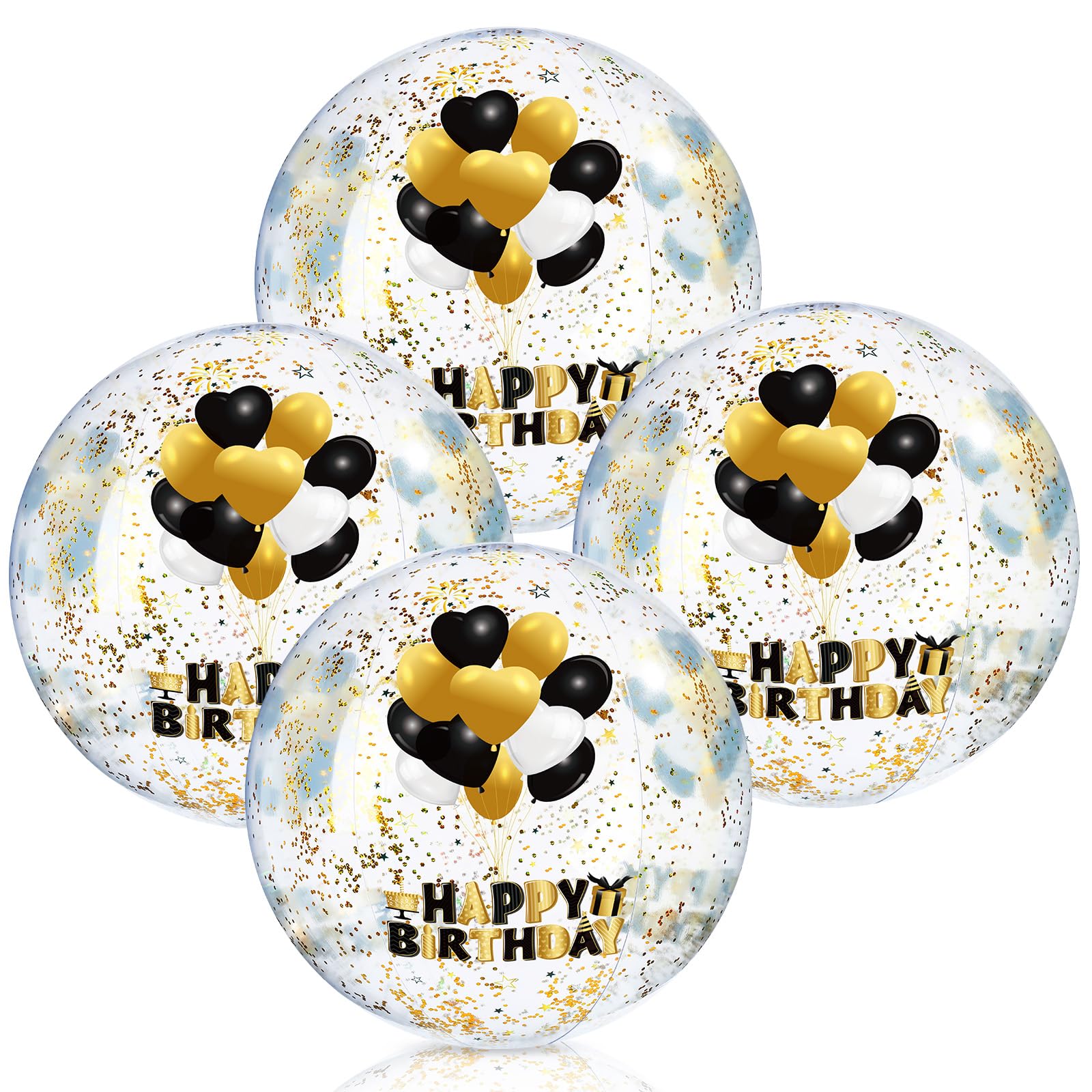 Hollowfly Lot de 4 grandes boules de plage gonflables « Happy Birthday » avec paillettes à l'intérieur de 50,8 cm pour décorations d'anniversaire, piscine, jeux d'eau, cadeaux de plage (noir, doré)