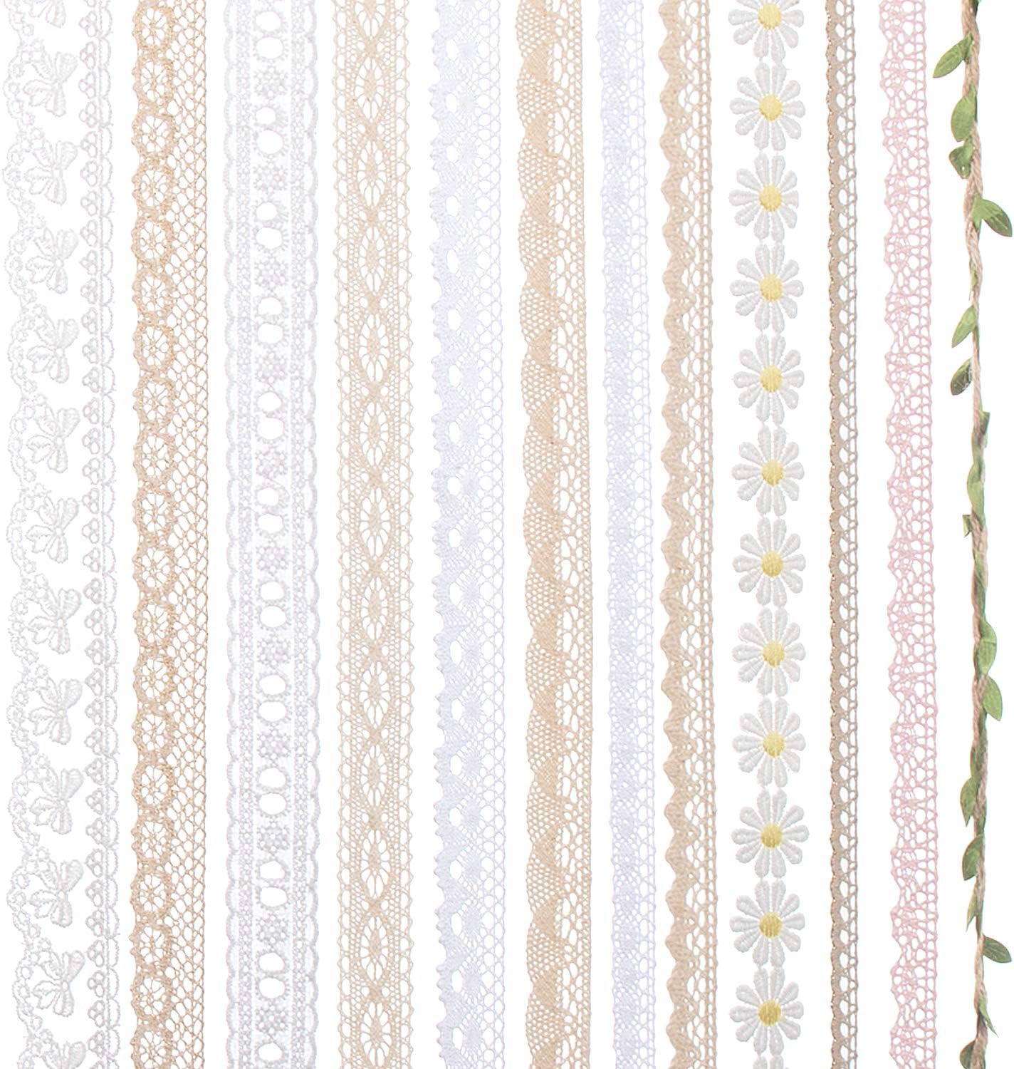 IDONGCAI Lace Ribbon Vintage Cotton Lace Trims Bridal Wedding Scalloped Edge Crochet Lace DIY Sewing Craft Mix 24 Yards (2 Yard Each)