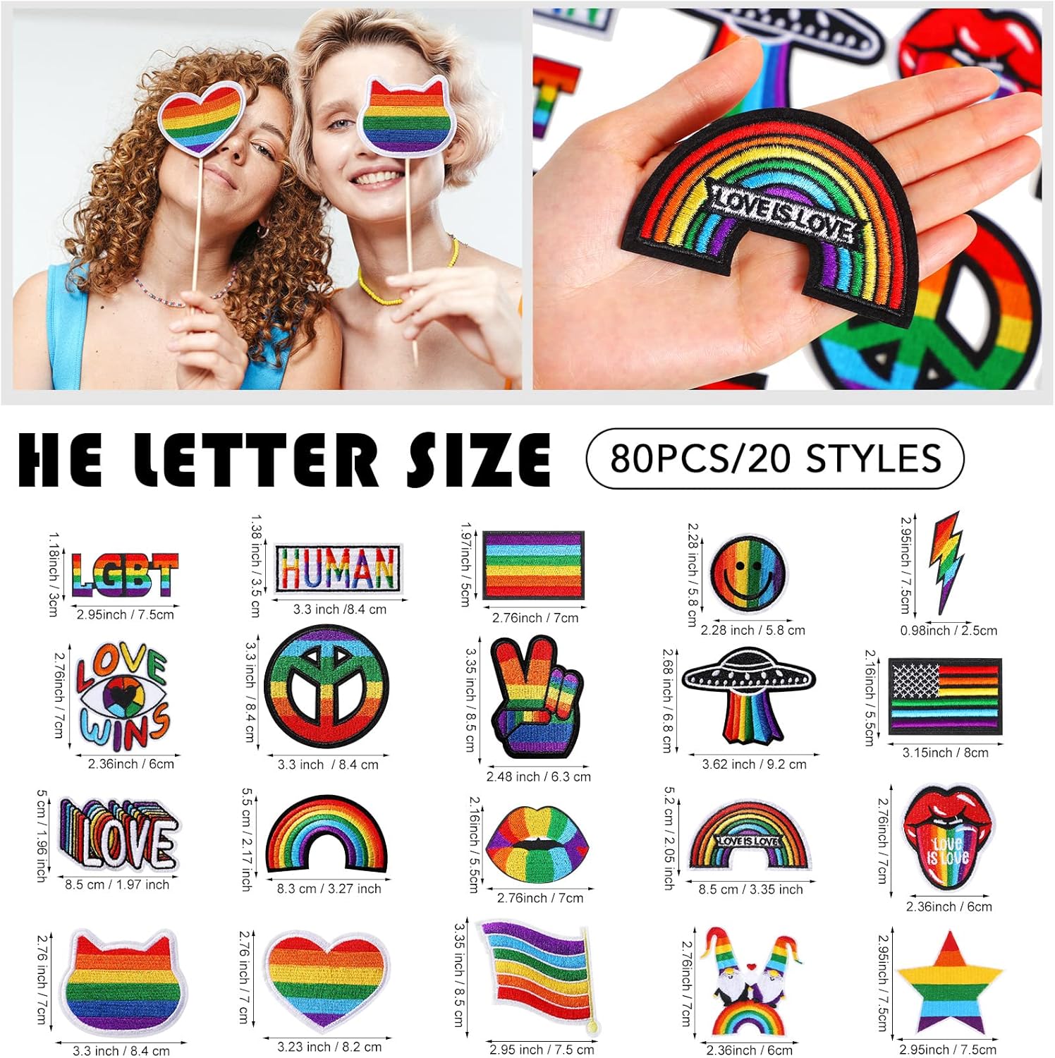 Yinder 80 Pcs Rainbow Pride Patch, LGBT Patch, Embroidered, Heart Flag, Smile, Rainbow Assorted Sewing Applique for Pride Party Favor Supplies, 20 Styles