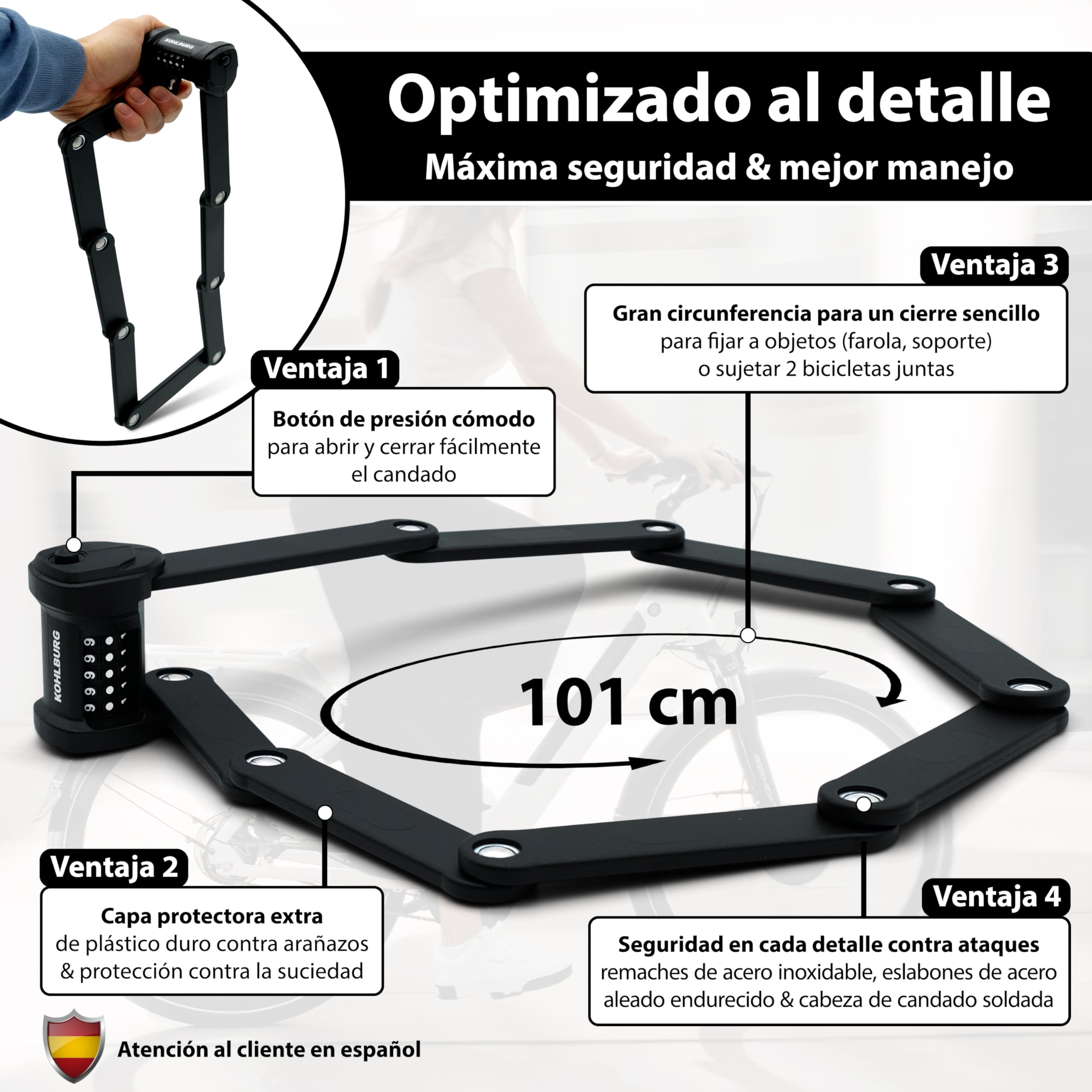 KOHLBURG Candado de bicicleta de combinación con código | 101 cm de largo | Repele cortapernos, código de 5 cifras, candado plegable con soporte, alta seguridad, para bicicleta, scooter y e-bike