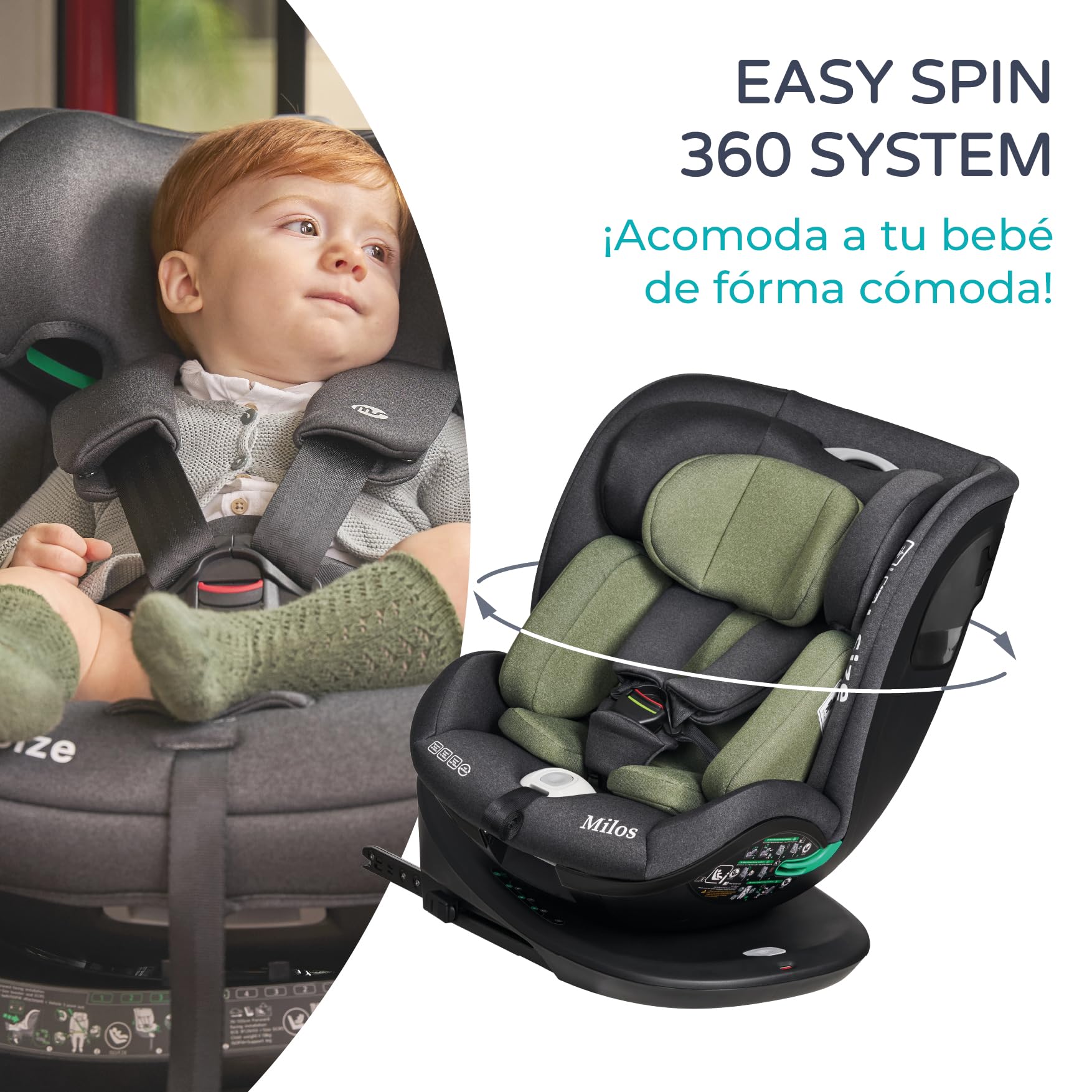 MS BabyWorld – MILOS – Silla de coche I-Size Grupo 0/1/2/3 | 40-150 cm | Isofix y Top Tether | Nacimiento a 12 años (0-36 kg) | A contramarcha hasta 18 kg | Giratoria 360º Universal