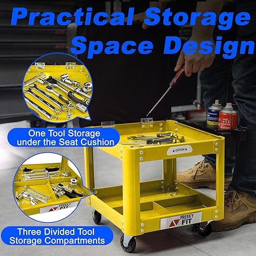 Miniatura 11 de Rolling Creeper - Asiento de garaje para hombres, taburete mecánico acolchado con bandeja de herramientas de almacenamiento para garaje, taburete