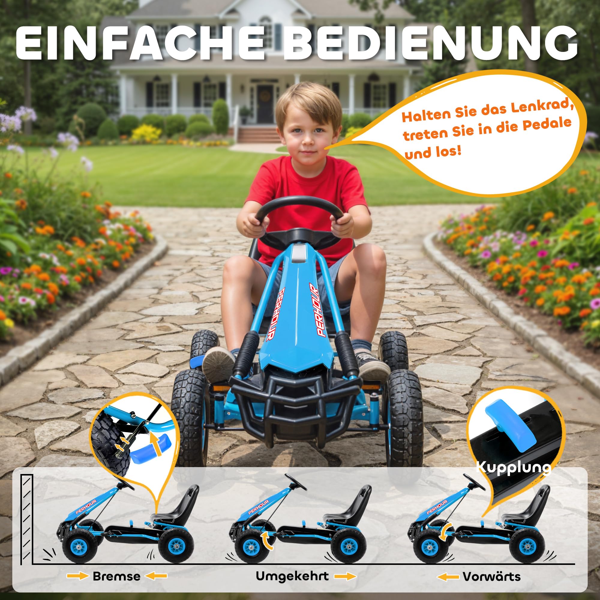 AIYAPLAY Gokart, Tretauto mit Handbremse, verstellbarem Sitz, Vor- und Rückwärtsgang, Pedalantrieb, Kinderfahrzeug mit Eva Reifen, manueller Kupplung, Tretfahrzeug für Kinder 3-8 Jahren, Blau