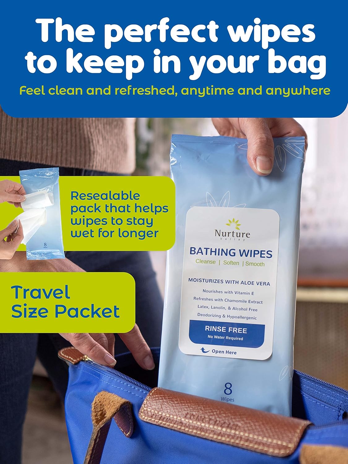 Rinse Free No Shower Bathing Wipes (8-Pack) | 64 Microwavable Adult Cleansing Body Bath Wash Cloths with Aloe Vera & Vitamin E - No Water Required - Latex Lanolin & Alcohol Free - 8 Packs of 8 Wipes : Health & Household