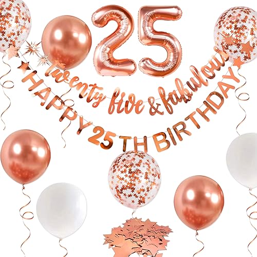 Guirnalda de globos de aluminio de 25 cumpleaños de 25 años de oro rosa para mujer, decoraciones de cumpleaños de 25 años y fabulosos saludos a 25