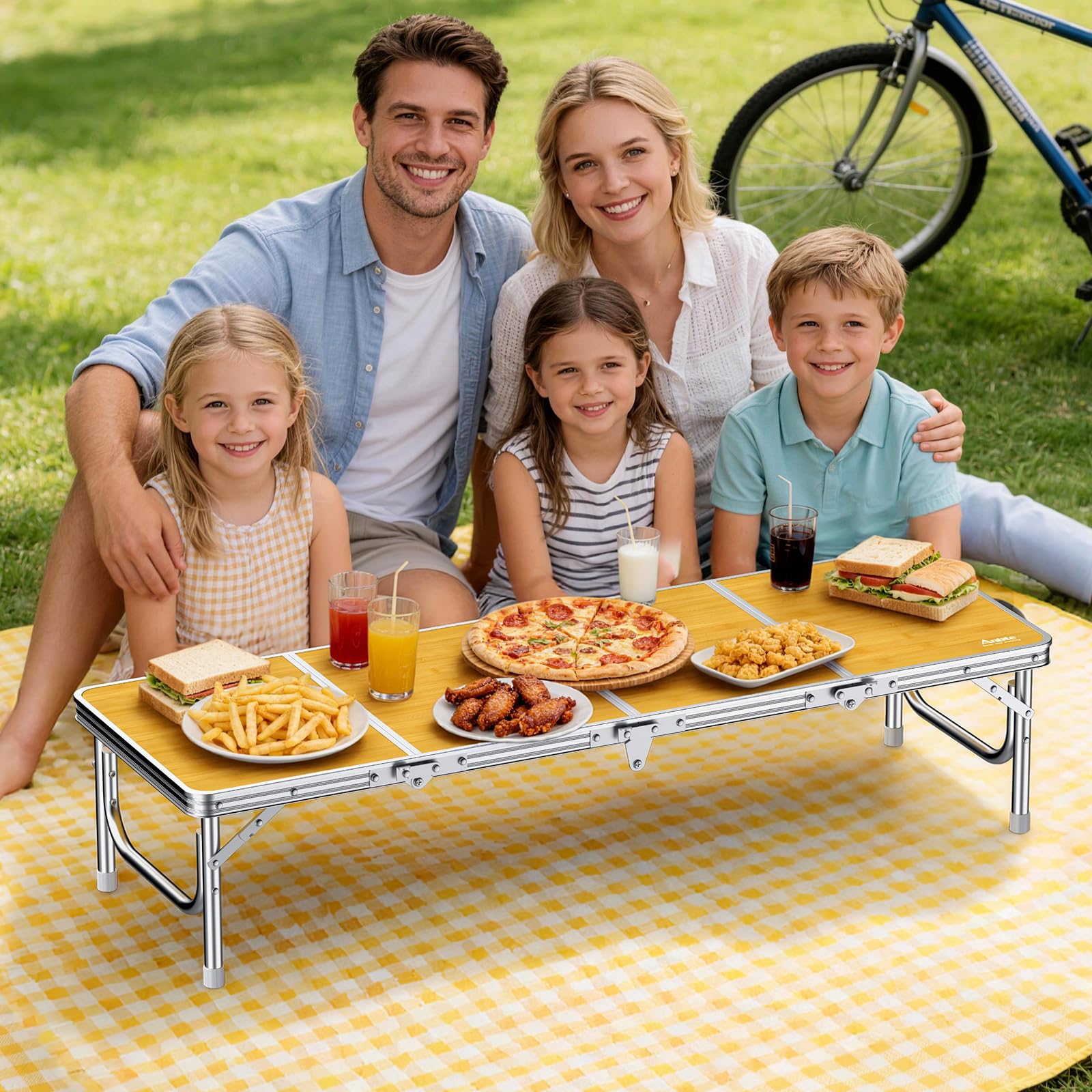 Anbte Mesa Plegable Camping 116 x 40 x 26.2cm con Aluminio Impermeable Mesa Playa Portátil,Grosor del Bisel es de 3,5 cm,Soporta 30 kg para Camping Playa Fiesta Picnic Suelo Color Raya de Bambú