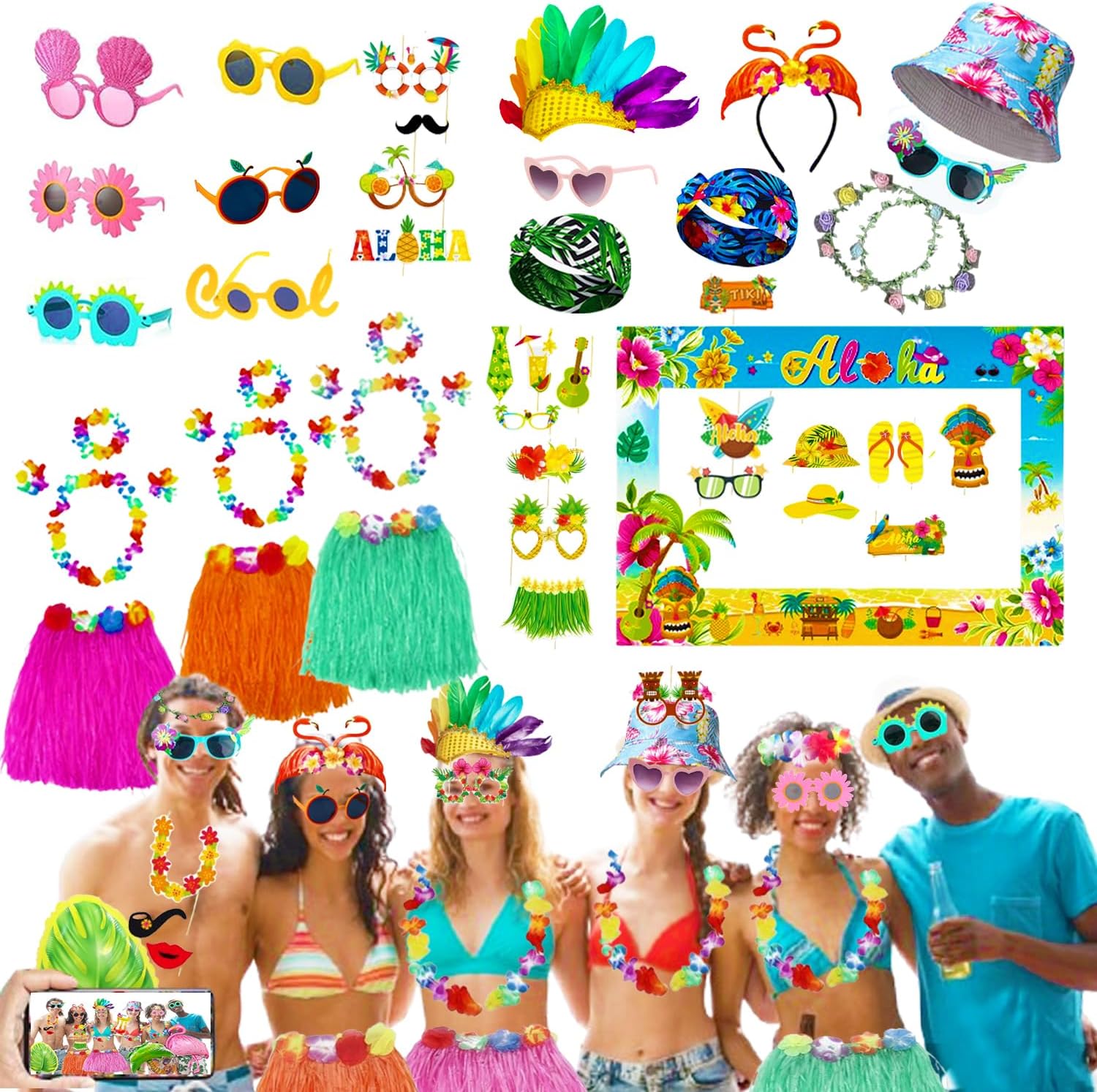 Large Summer Luau Photo Booth Props Set, Funny Hawaiian Sunglasses, Tropical Fancy Dress Props, Inflatable, Hawaiian Photo Booth Props for Summer Pool Beach Tiki Hawaii Themed Party Supplies