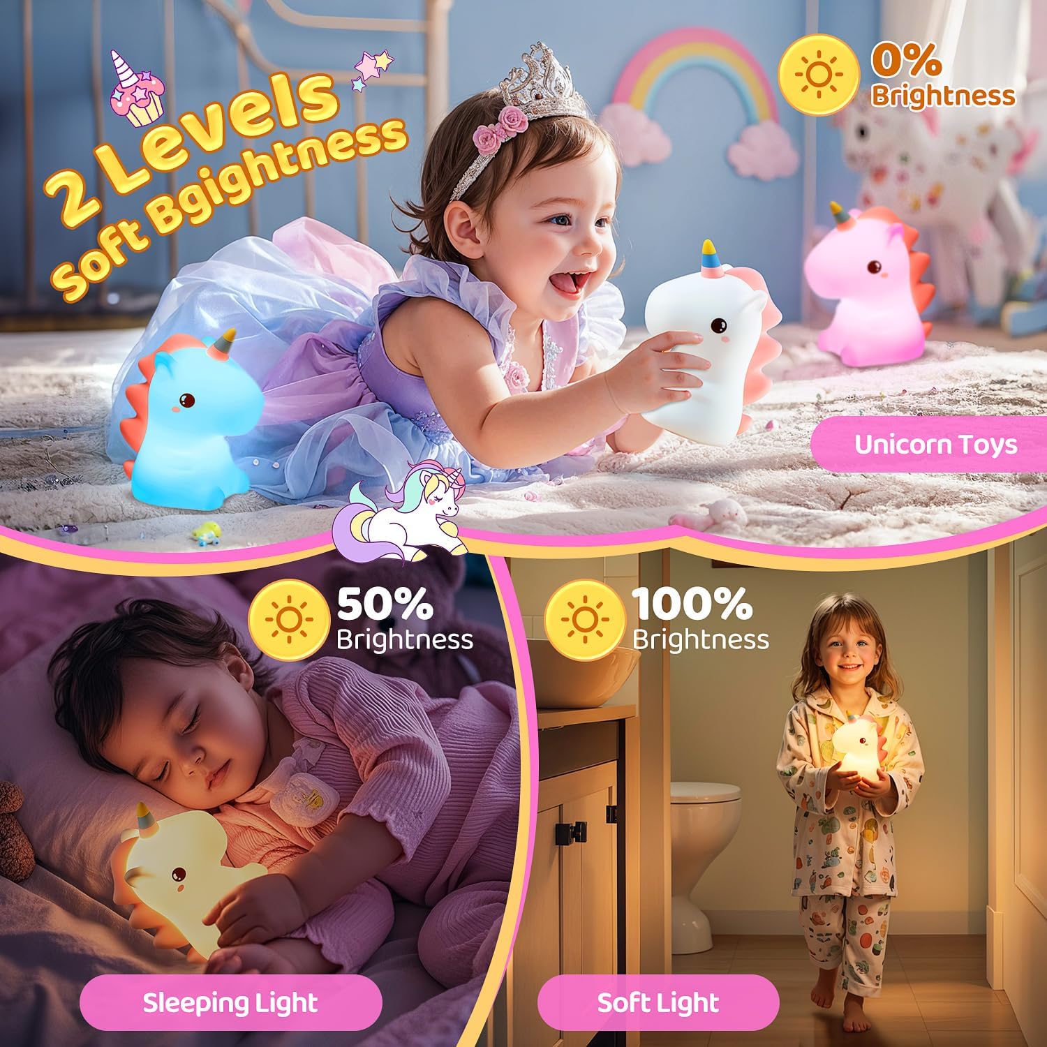 One Fire Luce Notturna Unicorno, Regalo Battesimo, 16 Multicolori Silicone Lampada per Bambini, USB Ricaricabile LED Luci Notturne per Cameretta Bambina, Regalo Neonato