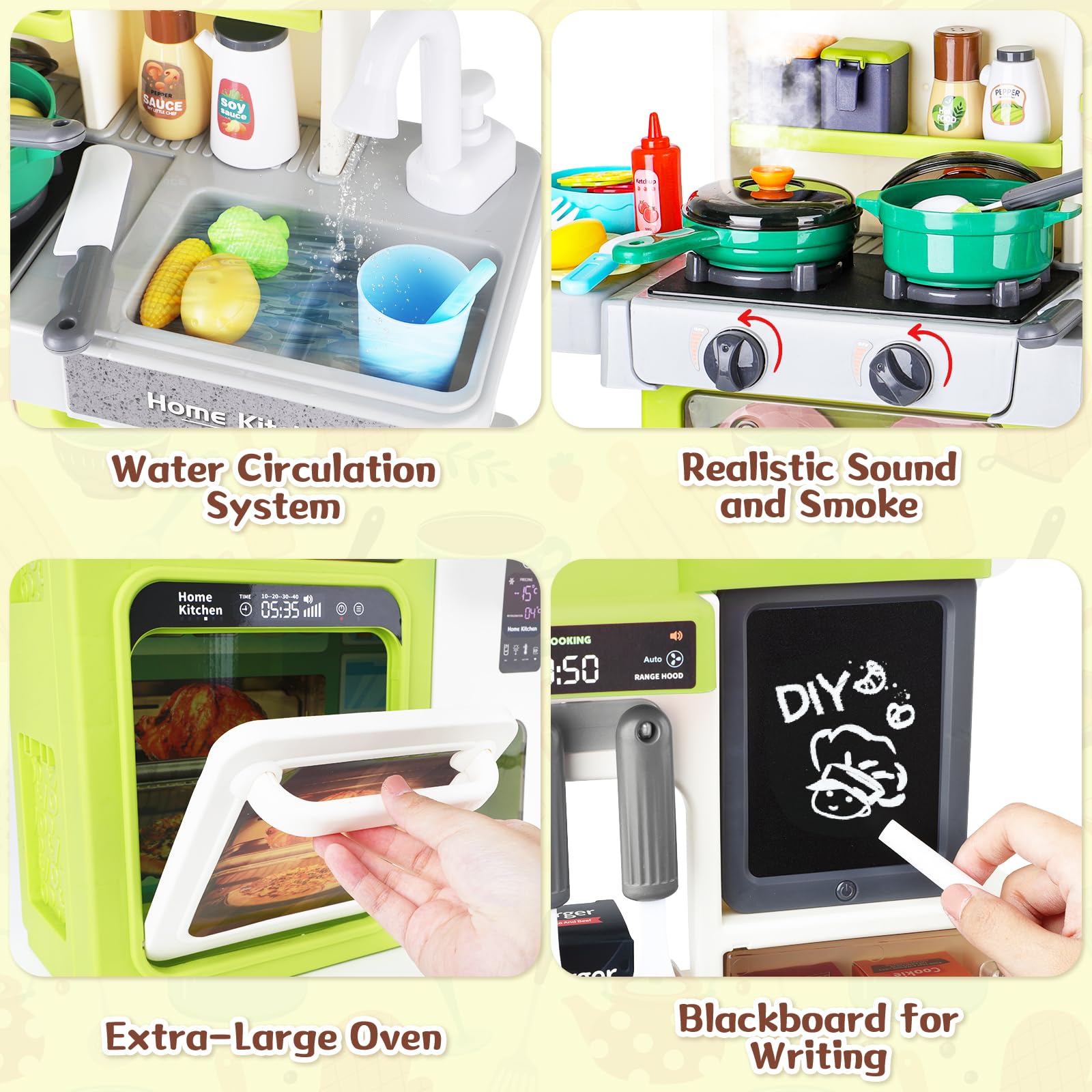 deAO Cucina giochi per bambini con luce sonora acqua vapore e accessori da cucina, set da cucina per bambini con frigorifero, lavastoviglie, fornello, forno, cucina, giocattolo per bambini dai 3 anni
