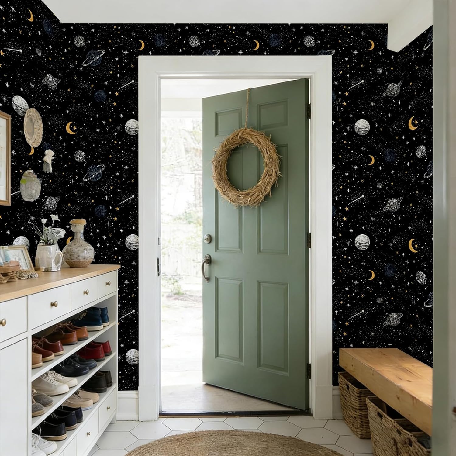 Stickorama Whimsical Starry Space Sky Planet Peel and Stick Wallpaper Self Adhesive 17.72" X 236.2'' Hand Drawn Star Moon Galaxy Wall Paper Renter Friendly Removable Waterproof for Kid Room/Playroom