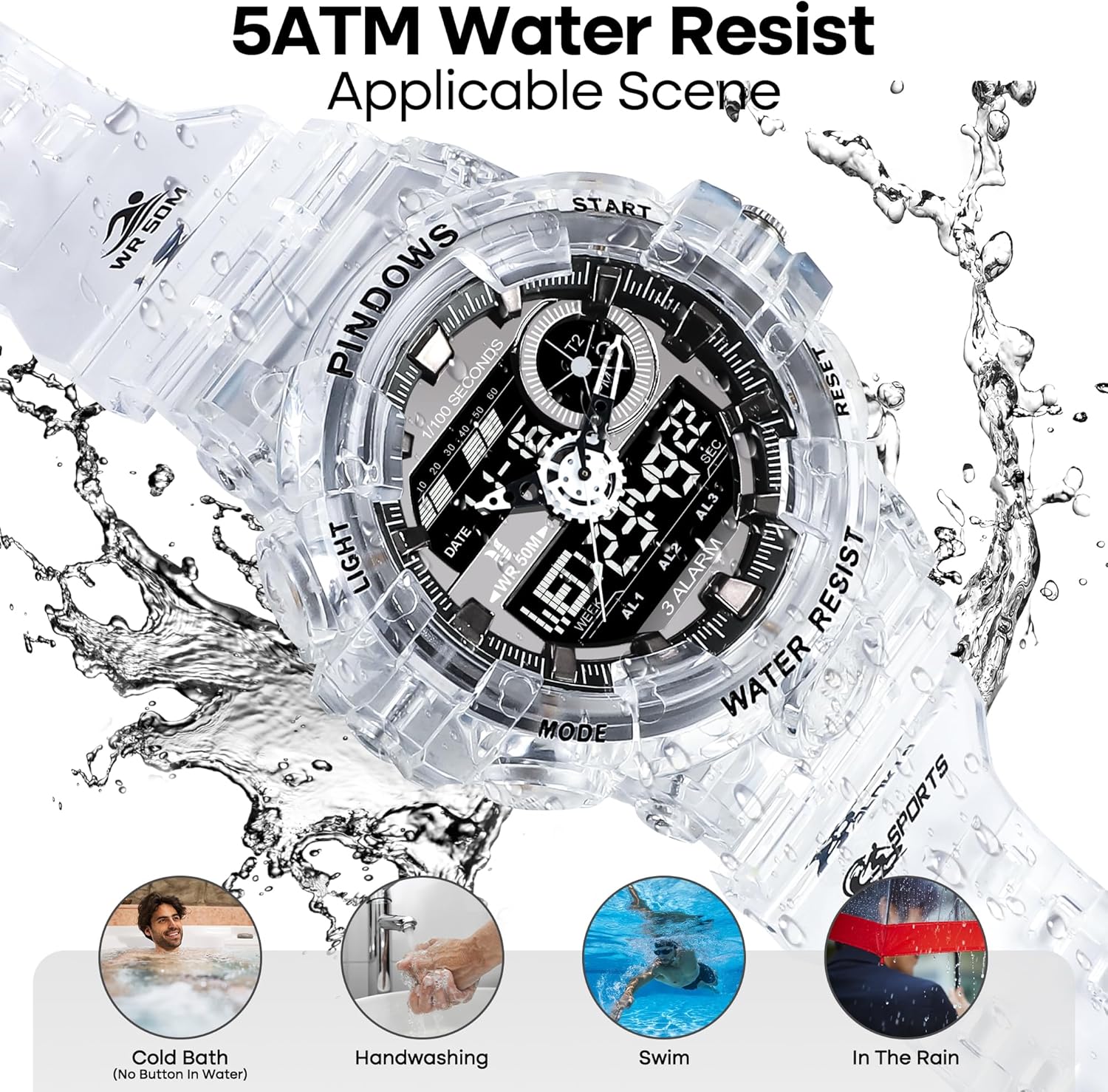 Mens Watch for Men Digital Sport Watch Transparent Gold Watches Waterproof Watches with 3 Alarms/Countdown/Stopwatch/Digital-Analog/Dual Time/Light/Military Multifunctional Wrist Watch - Image 5