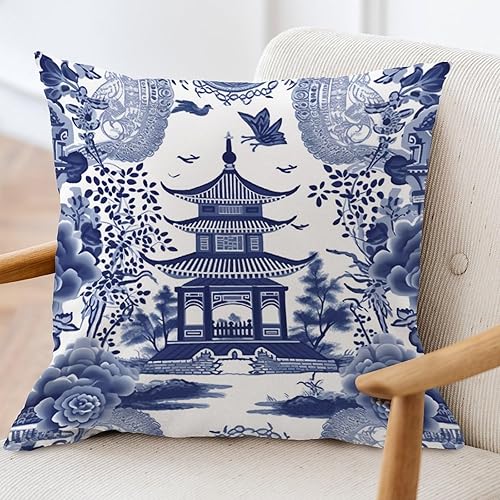 Miniatura 3 de ArogGeld Chinoiserie - Cojín de cojín de pagoda asiática azul índigo, pagoda y flor, cuadradas, para sofá, 16 x 16 pulgadas, lino blanco